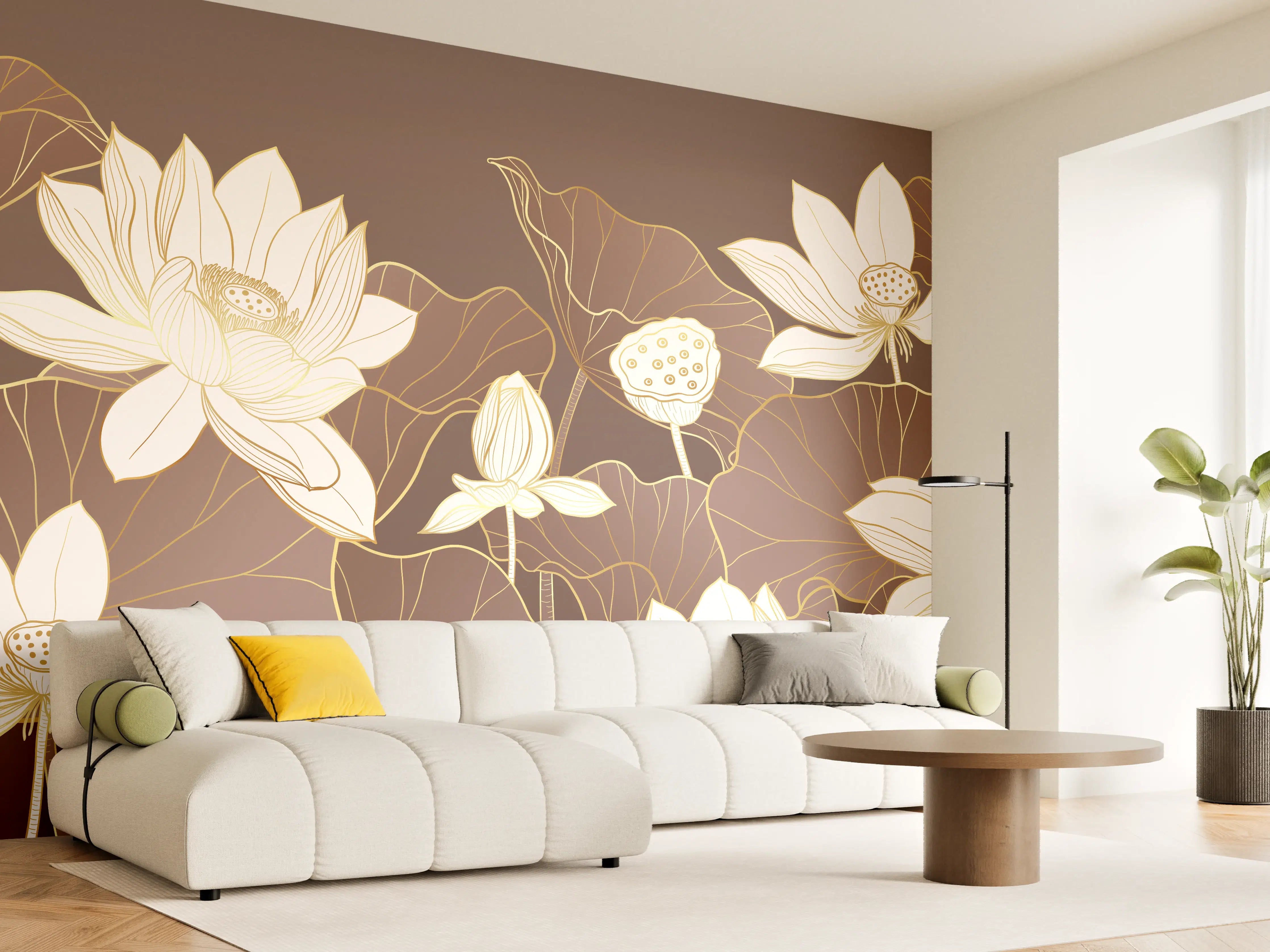 Wandverkleidung Wohnzimmer - Elegante Lotusblumen in sanften Tönen