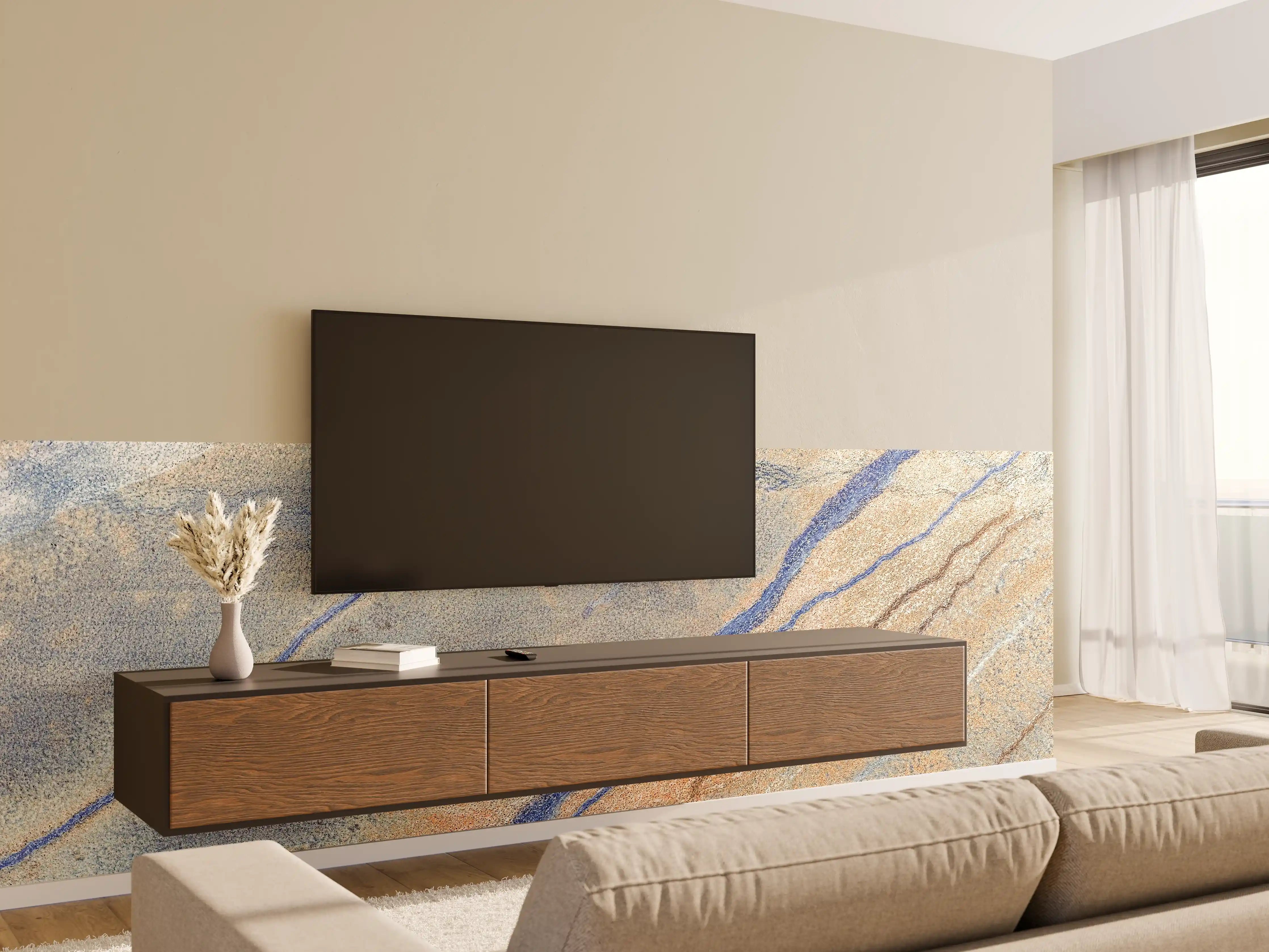 Wandverkleidung Wohnzimmer - Elegante Marmoroptik mit blauen Akzenten