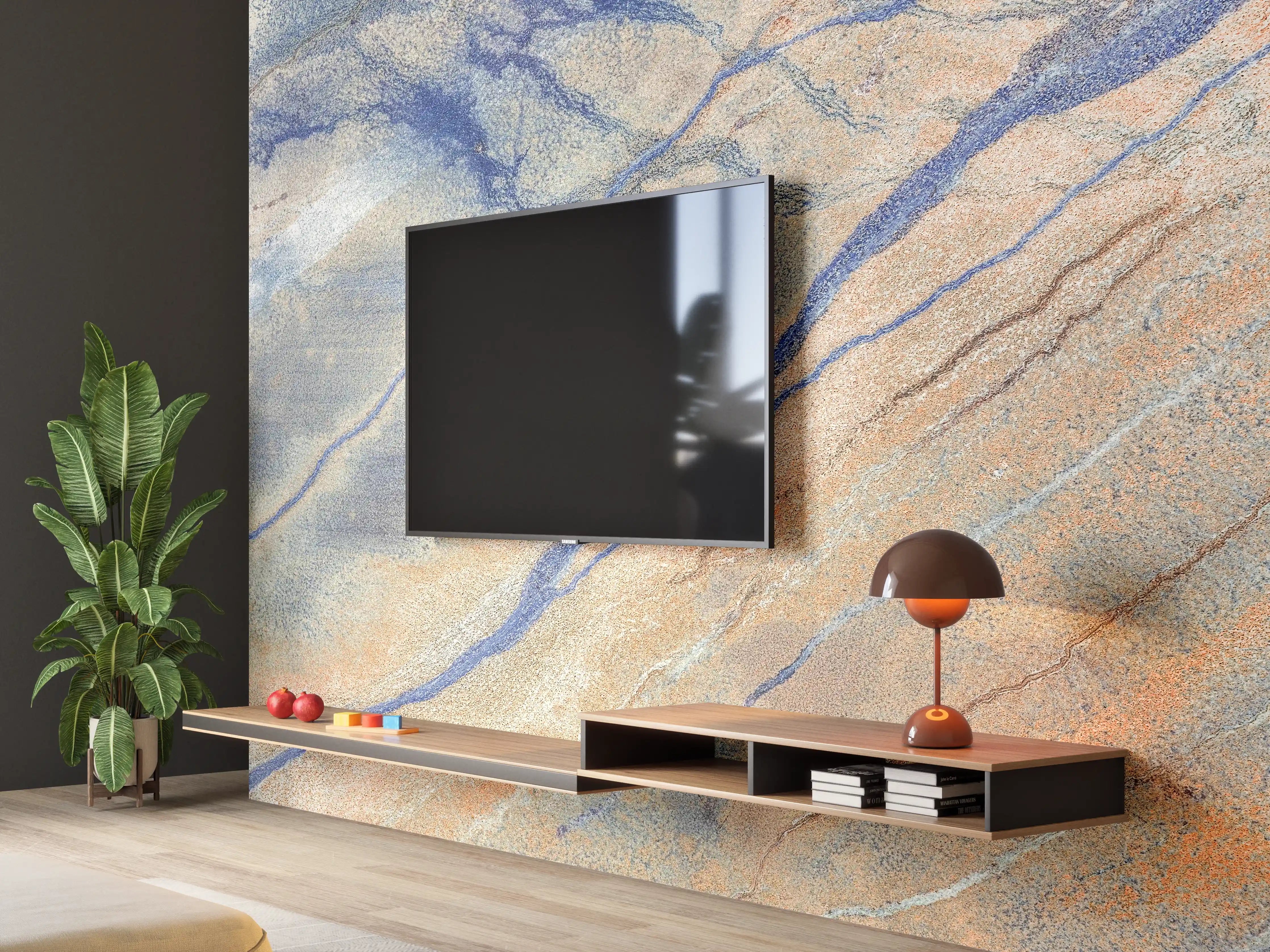 Wandverkleidung Wohnzimmer - Elegante Marmoroptik mit blauen Akzenten