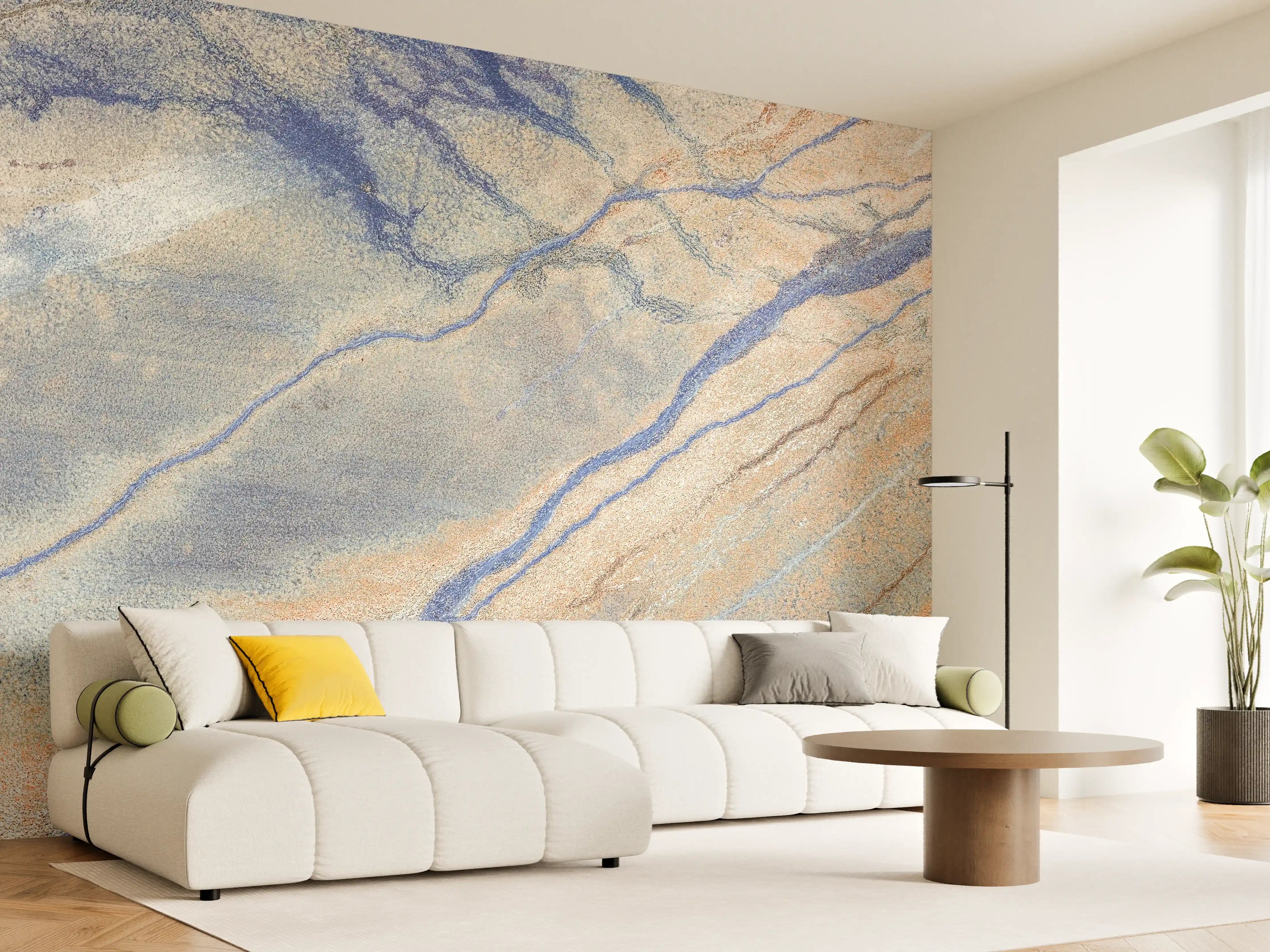 Wandverkleidung Wohnzimmer - Elegante Marmoroptik mit blauen Akzenten