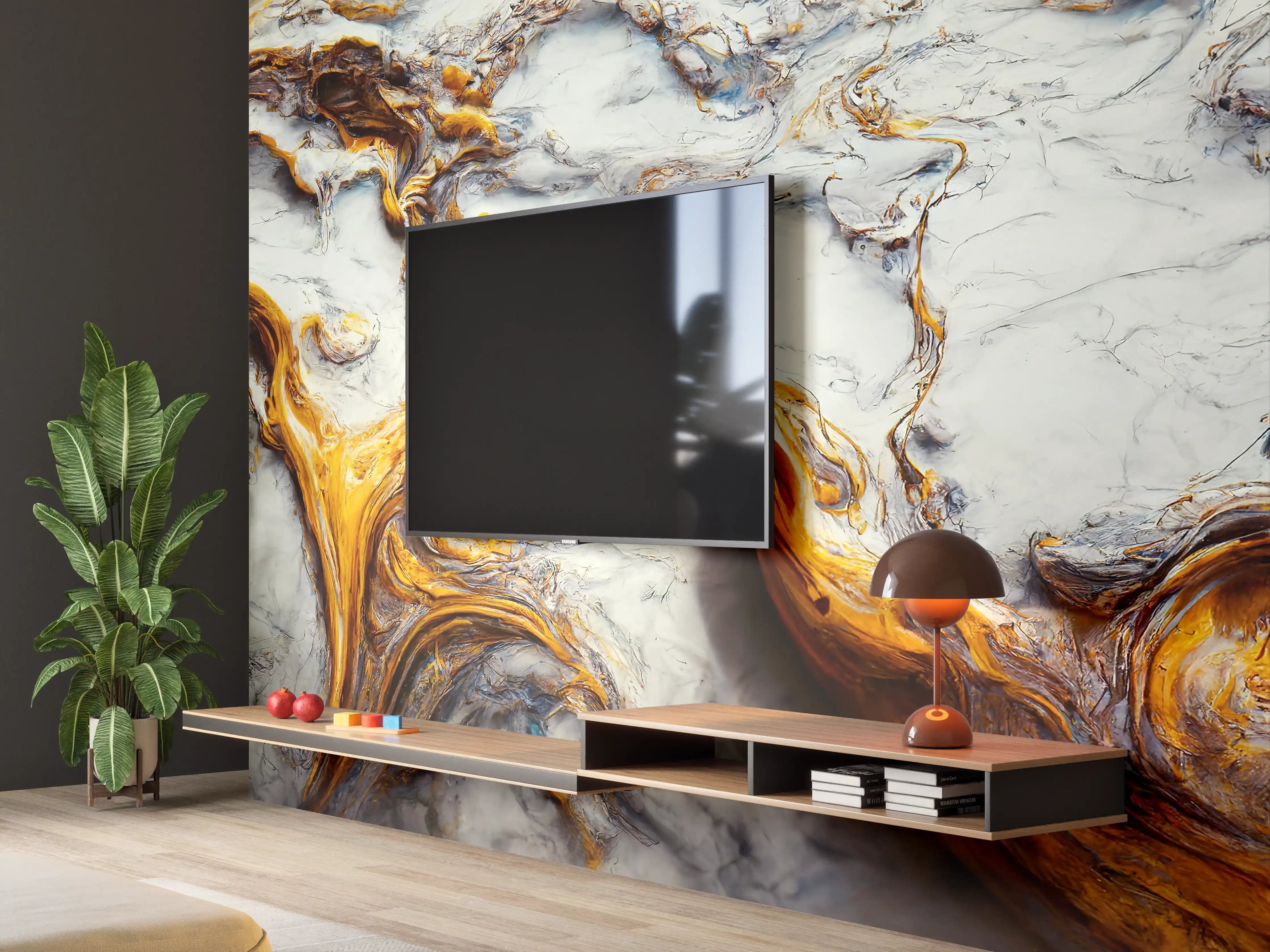 Wandverkleidung Wohnzimmer - Elegante Marmoroptik mit goldenen Akzenten