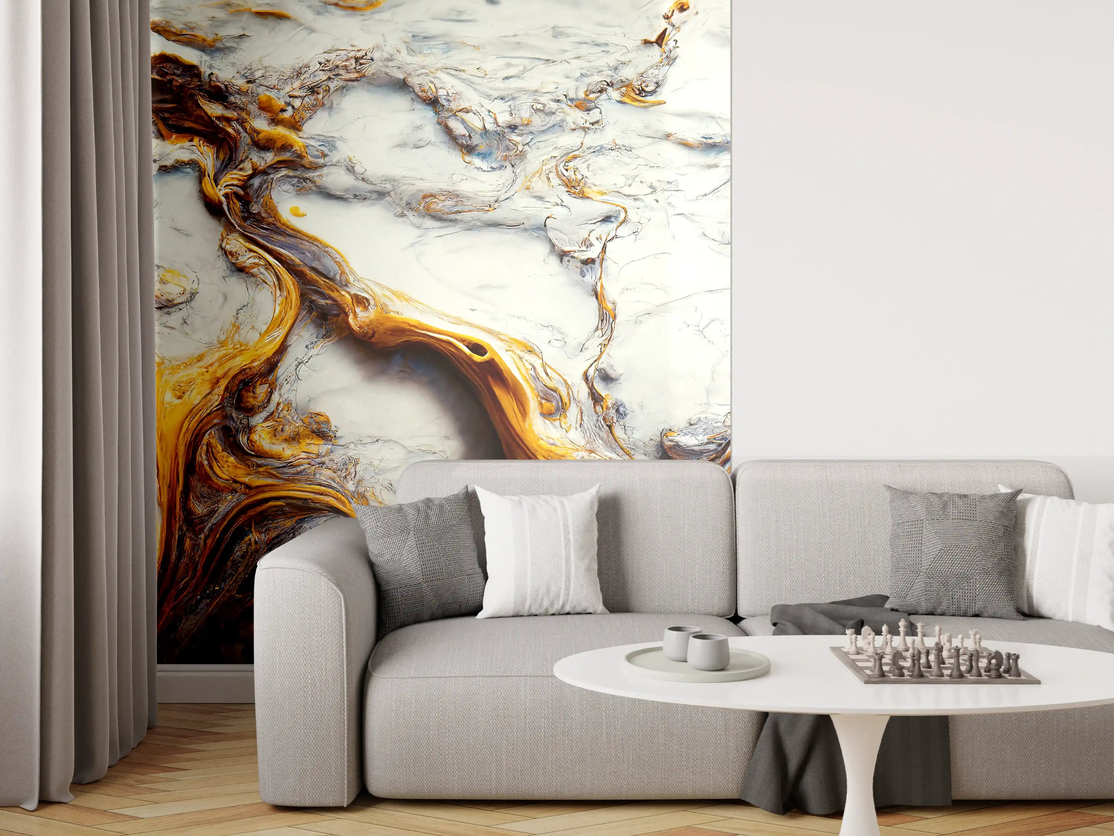 Wandverkleidung Wohnzimmer - Elegante Marmoroptik mit goldenen Akzenten