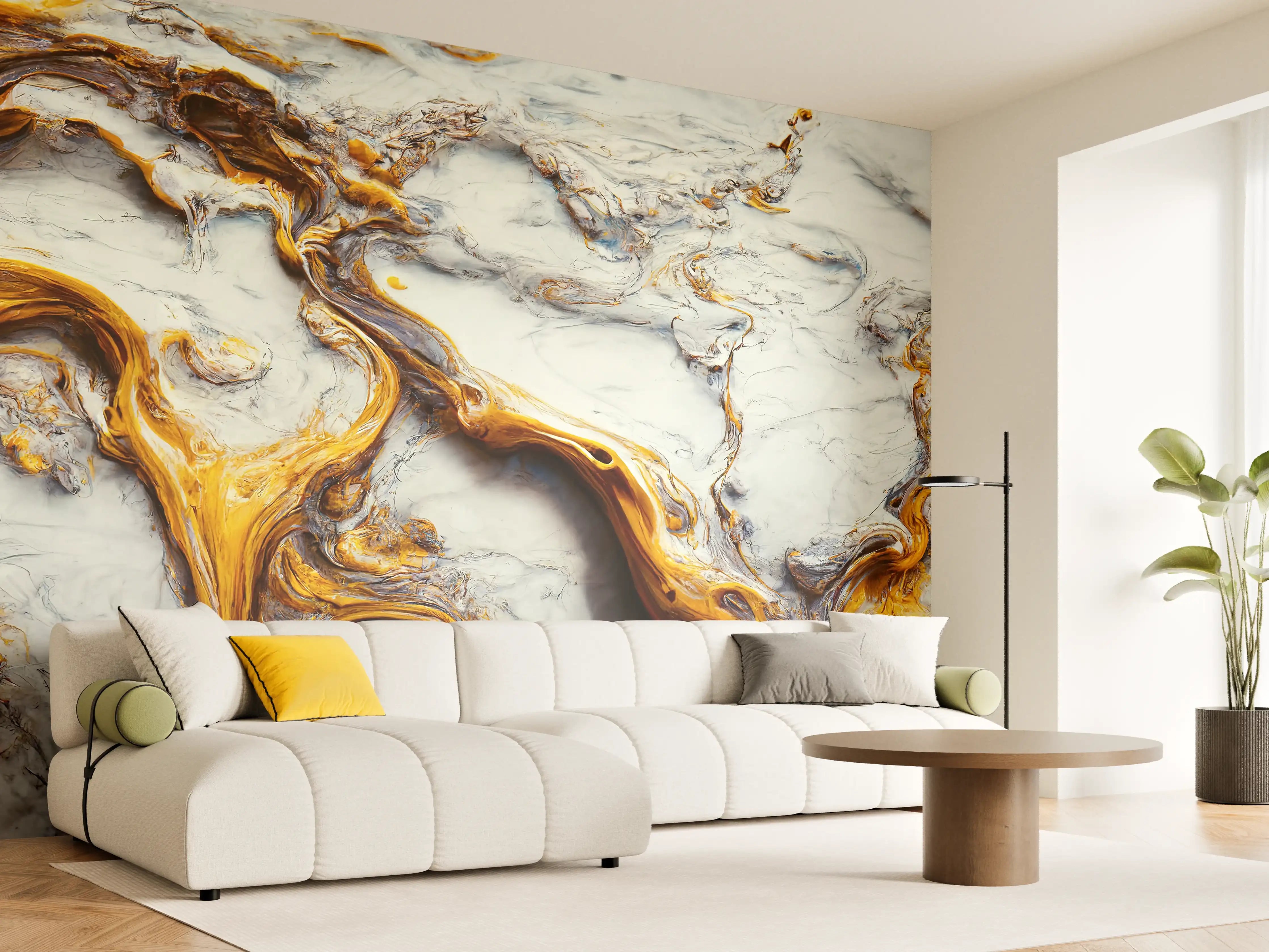 Wandverkleidung Wohnzimmer - Elegante Marmoroptik mit goldenen Akzenten