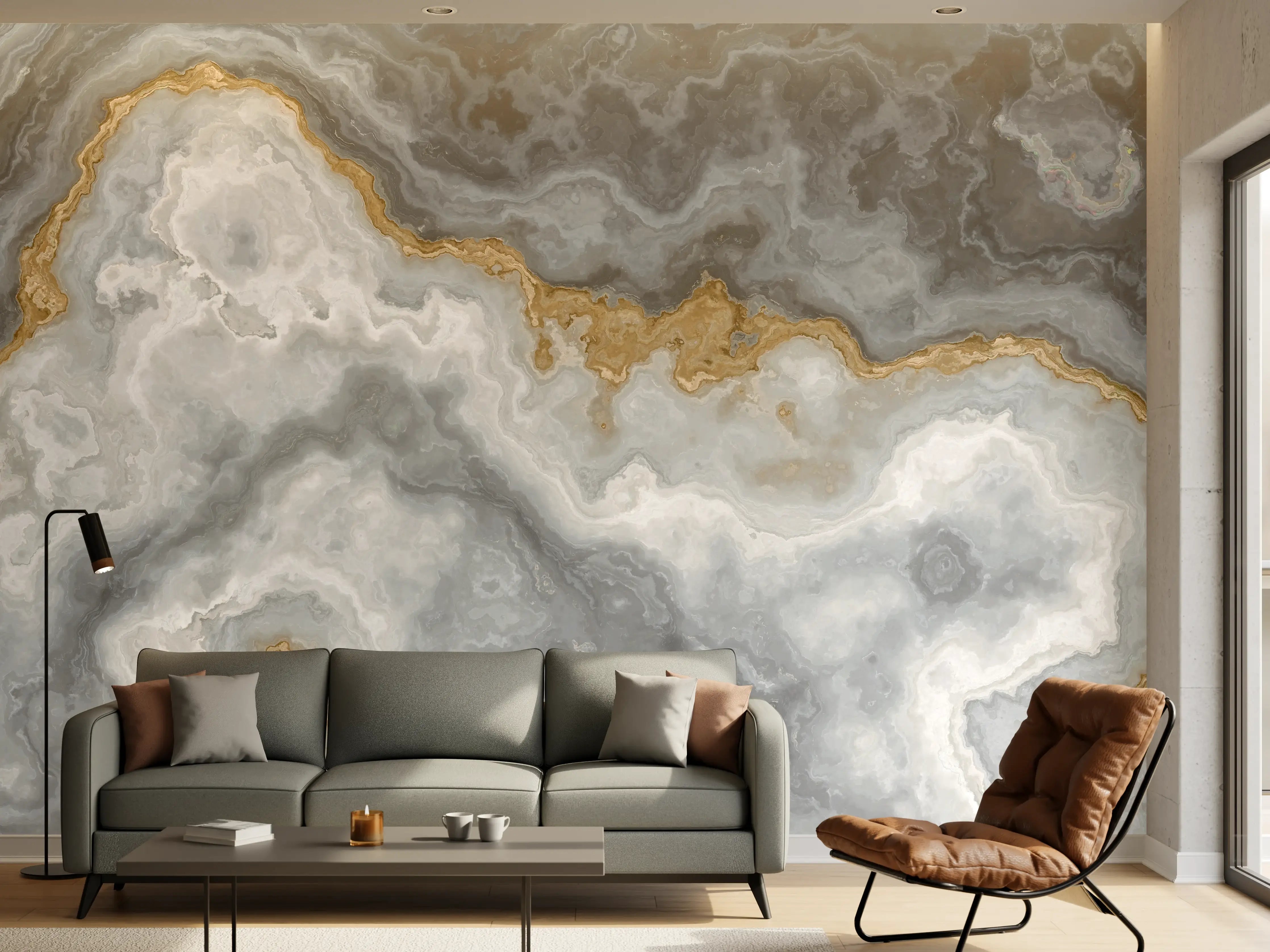 Wandverkleidung Wohnzimmer - Elegante Marmorstruktur in Grau und Gold