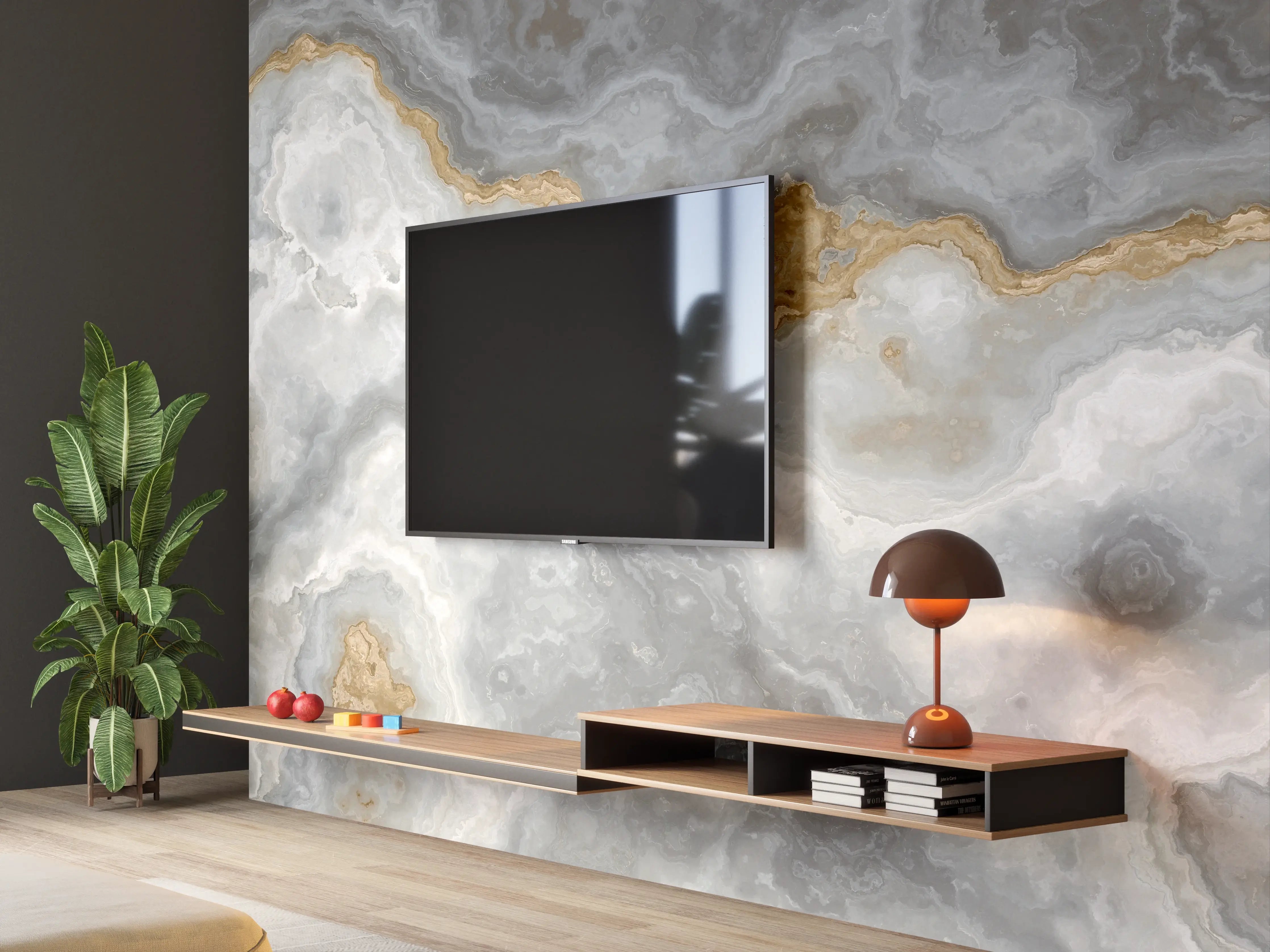 Wandverkleidung Wohnzimmer - Elegante Marmorstruktur in Grau und Gold