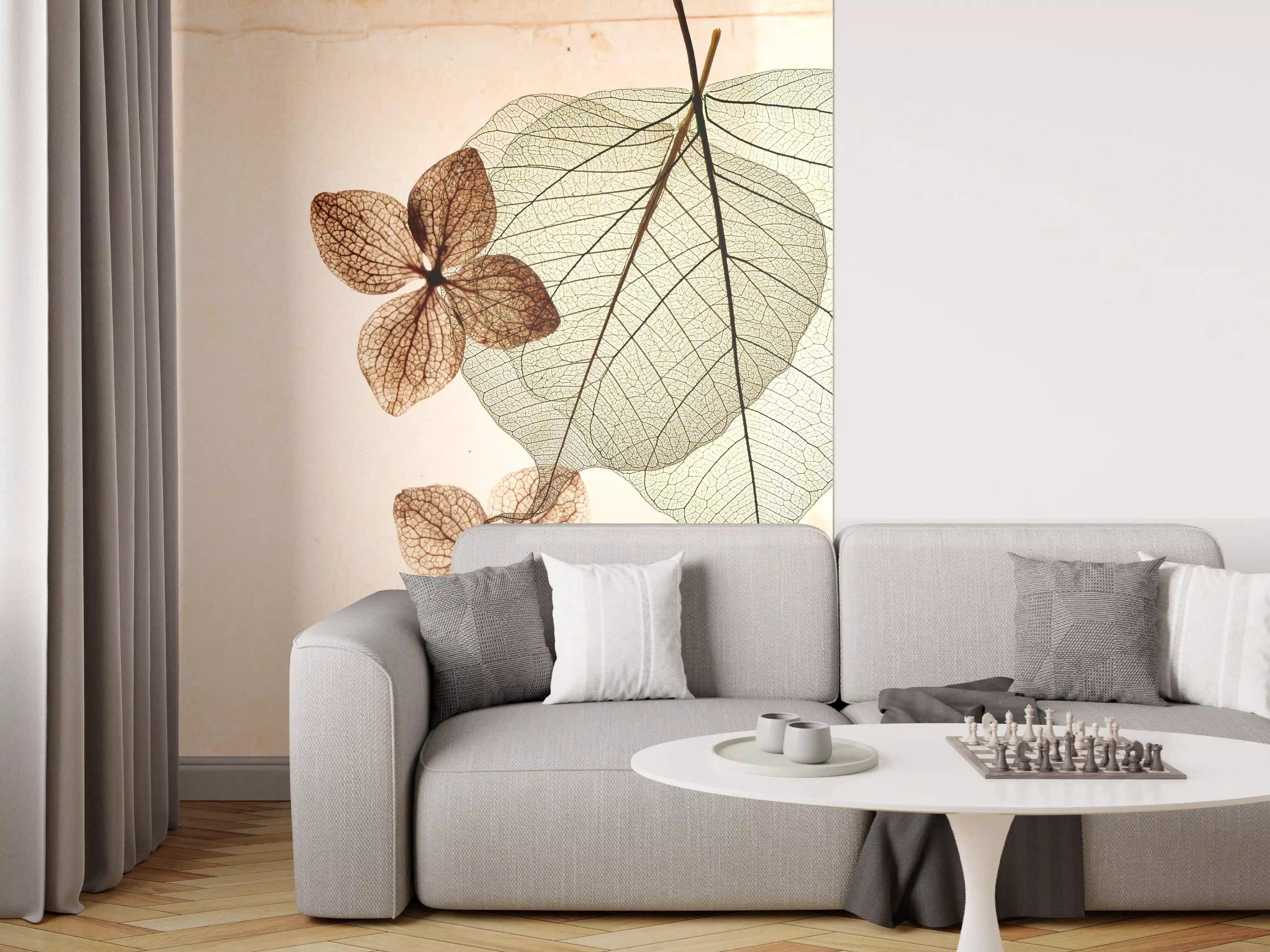 Wandverkleidung Wohnzimmer - Elegante Naturaufnahme mit getrockneten Blättern und Blüten