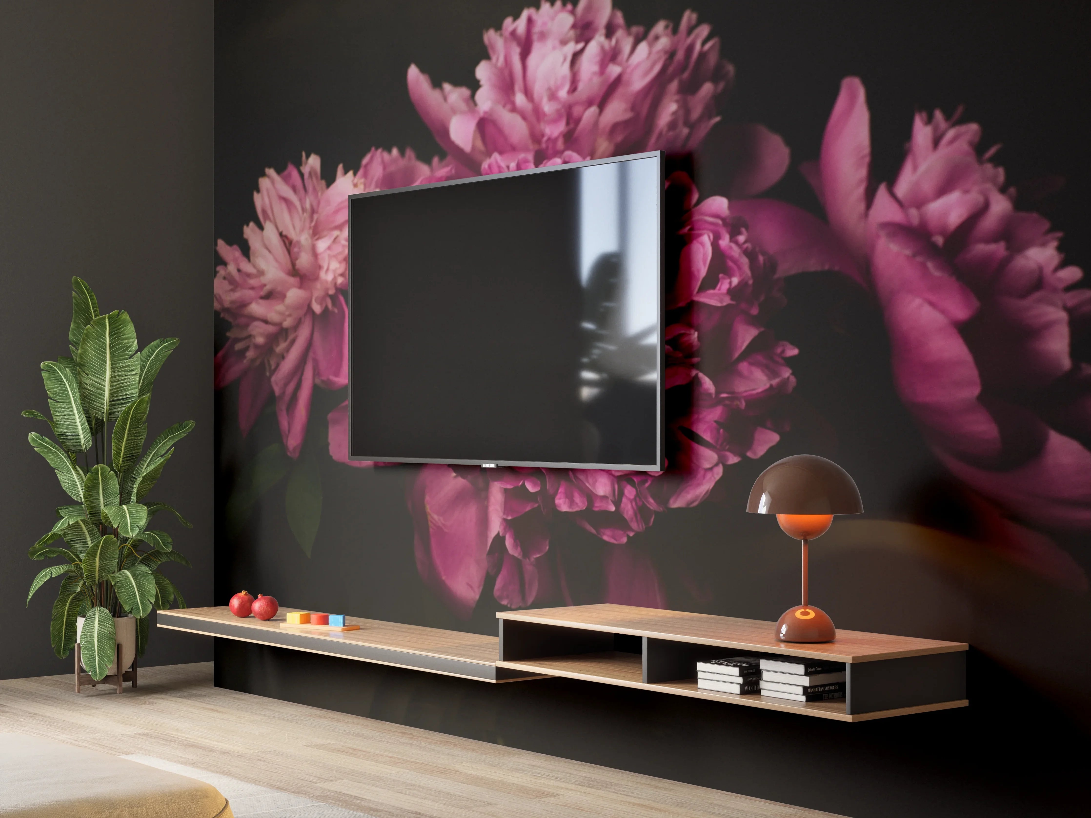 Wandverkleidung Wohnzimmer - Elegante Pfingstrosen in dunklem Hintergrund