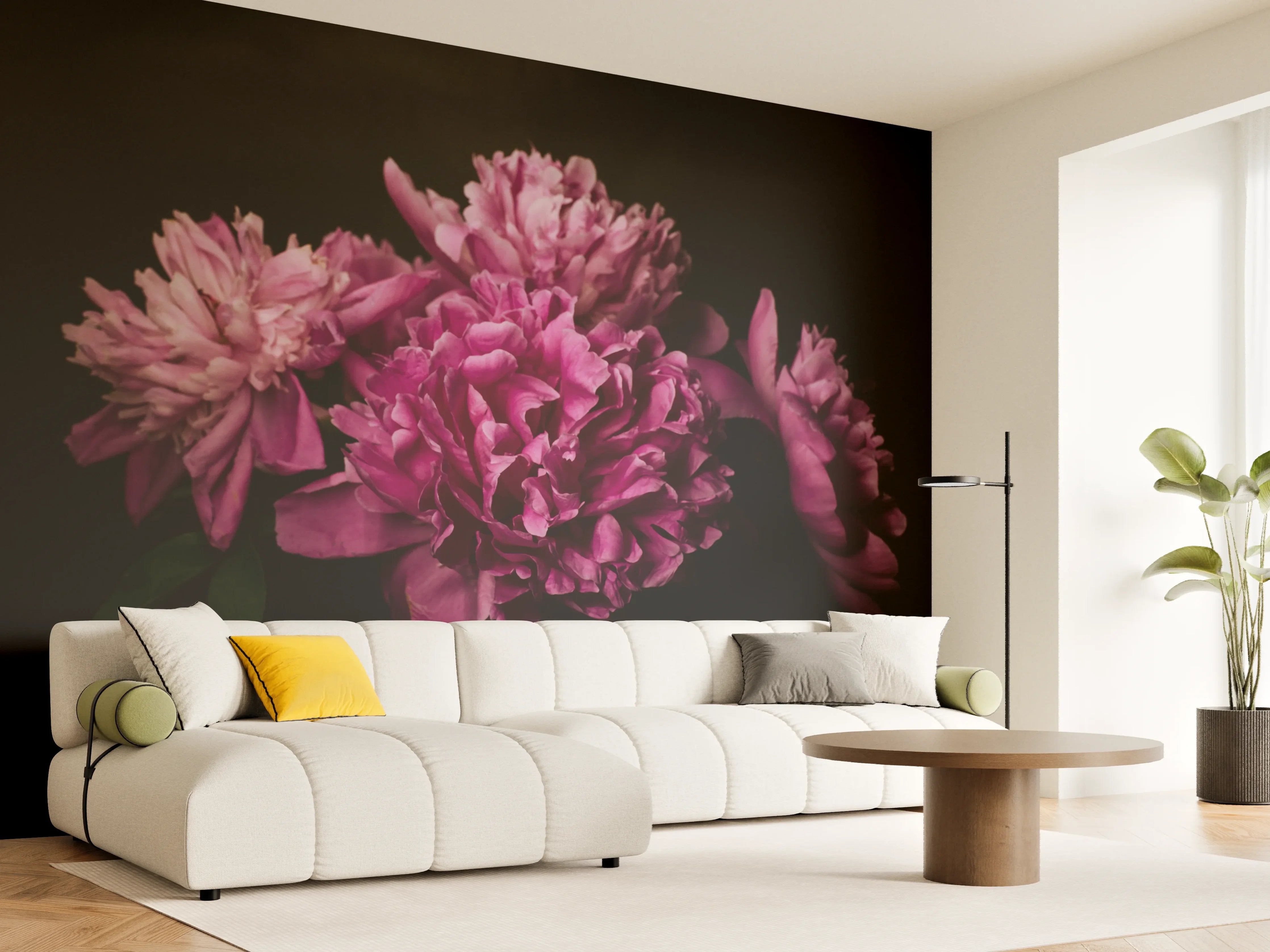 Wandverkleidung Wohnzimmer - Elegante Pfingstrosen in dunklem Hintergrund