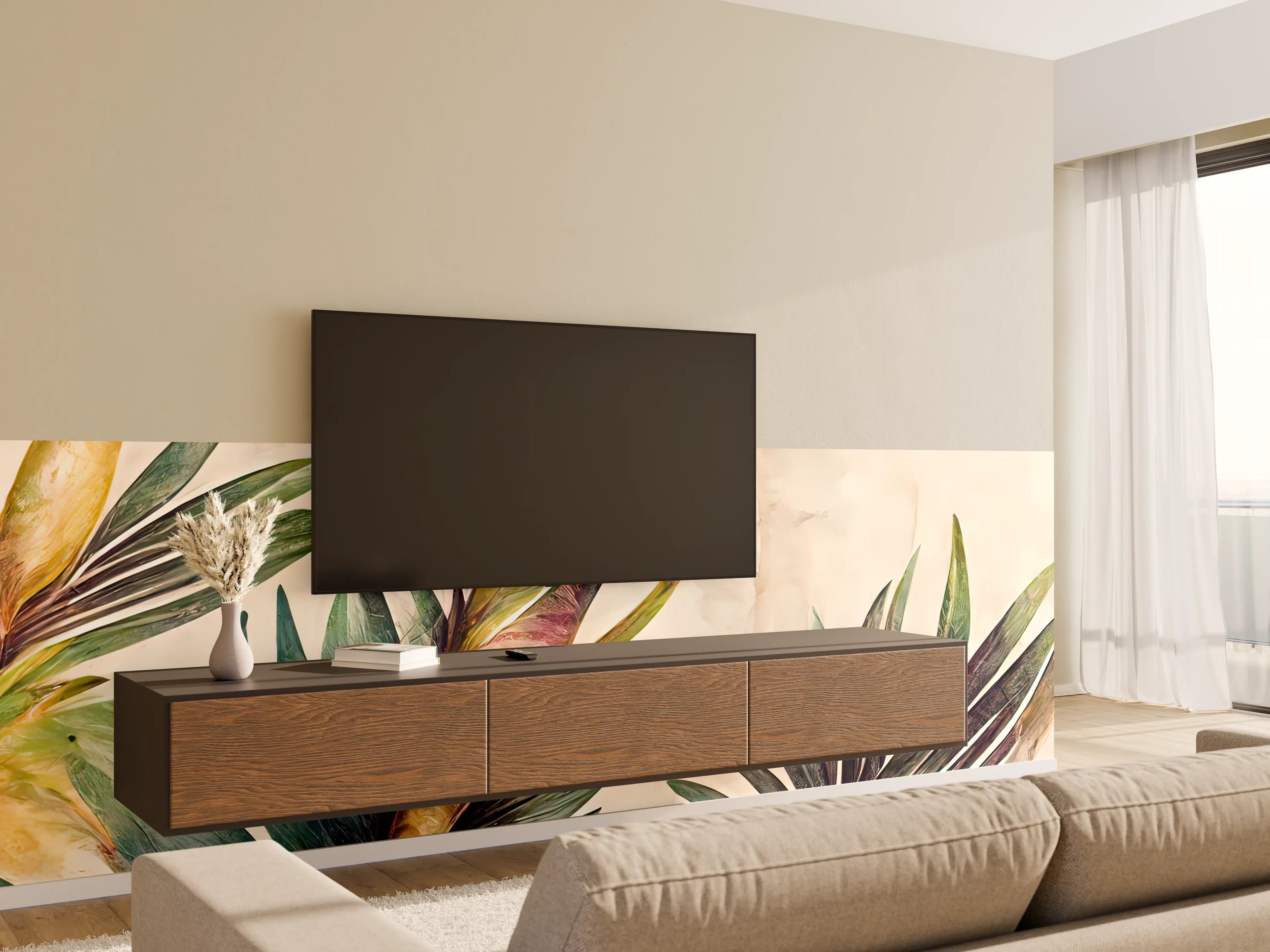 Wandverkleidung Wohnzimmer - Elegante Pflanzenillustration vor hellem Hintergrund