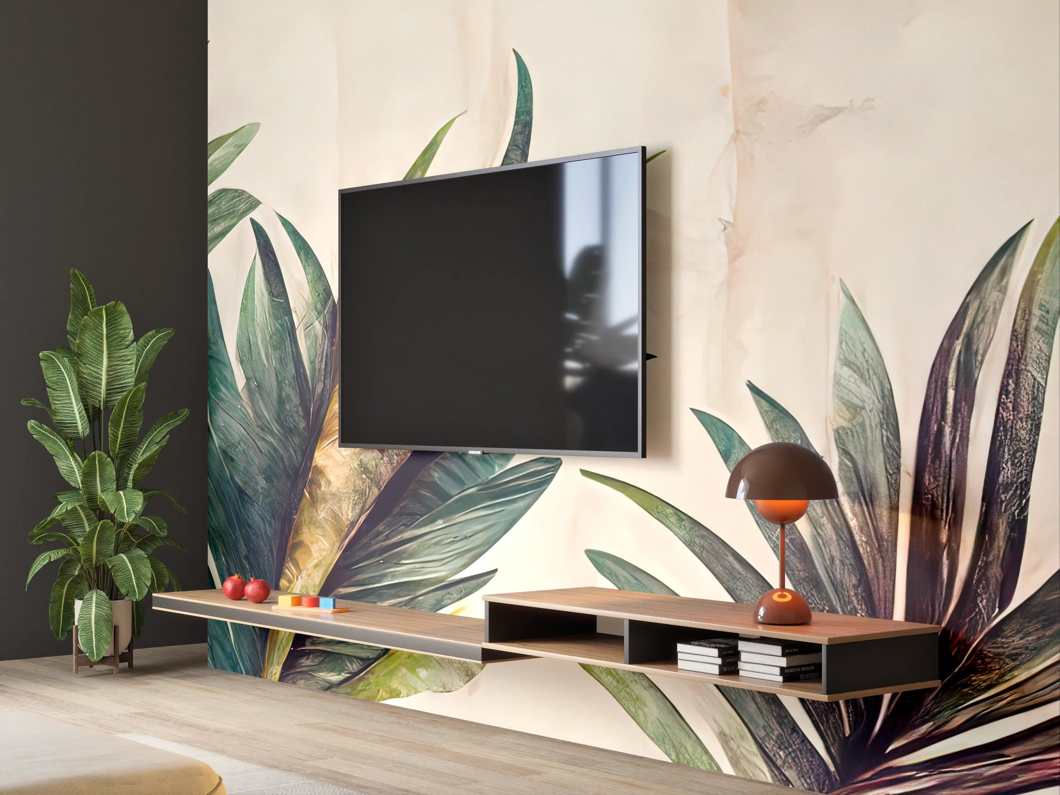 Wandverkleidung Wohnzimmer - Elegante Pflanzenillustration vor hellem Hintergrund