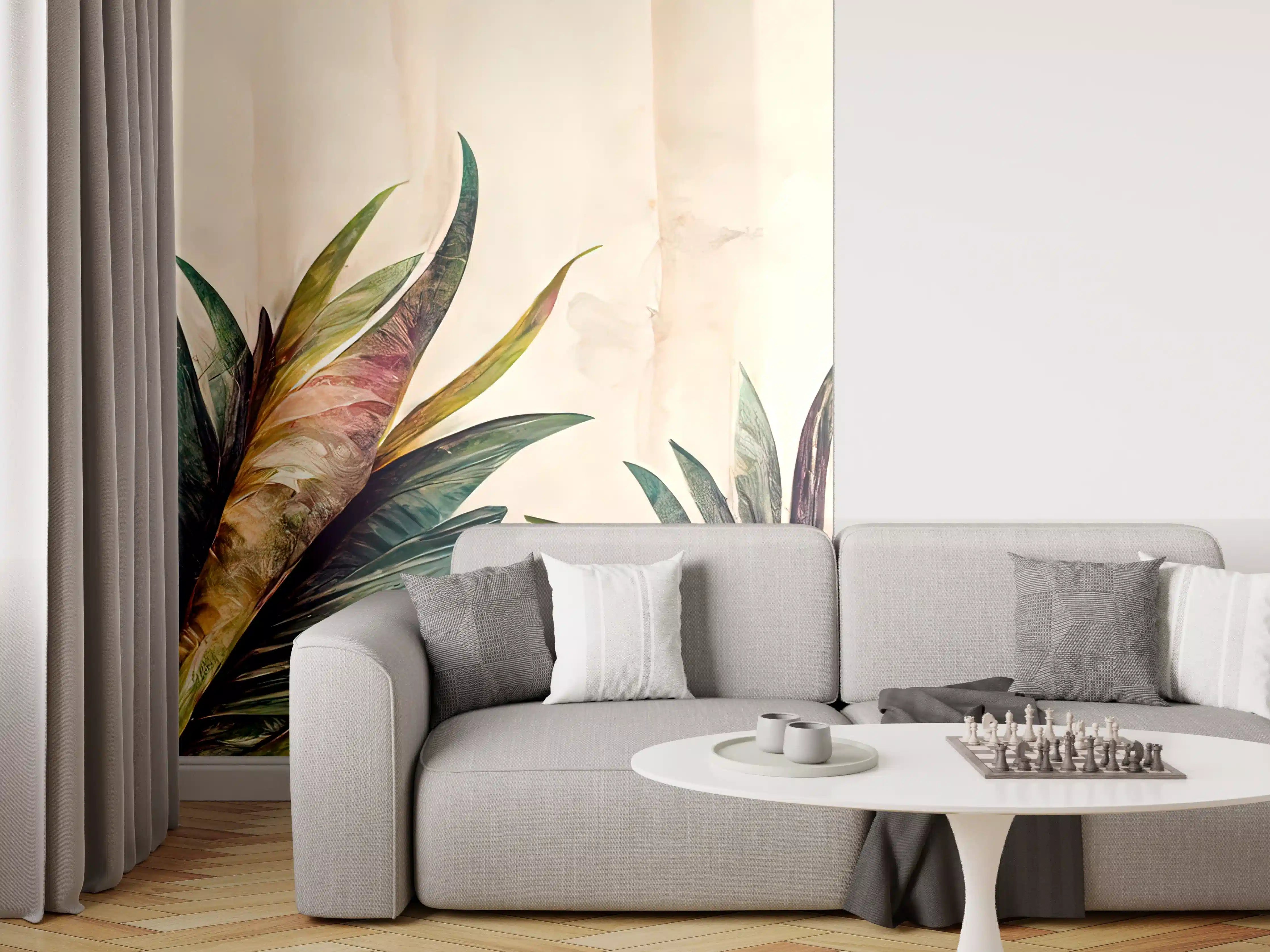 Wandverkleidung Wohnzimmer - Elegante Pflanzenillustration vor hellem Hintergrund