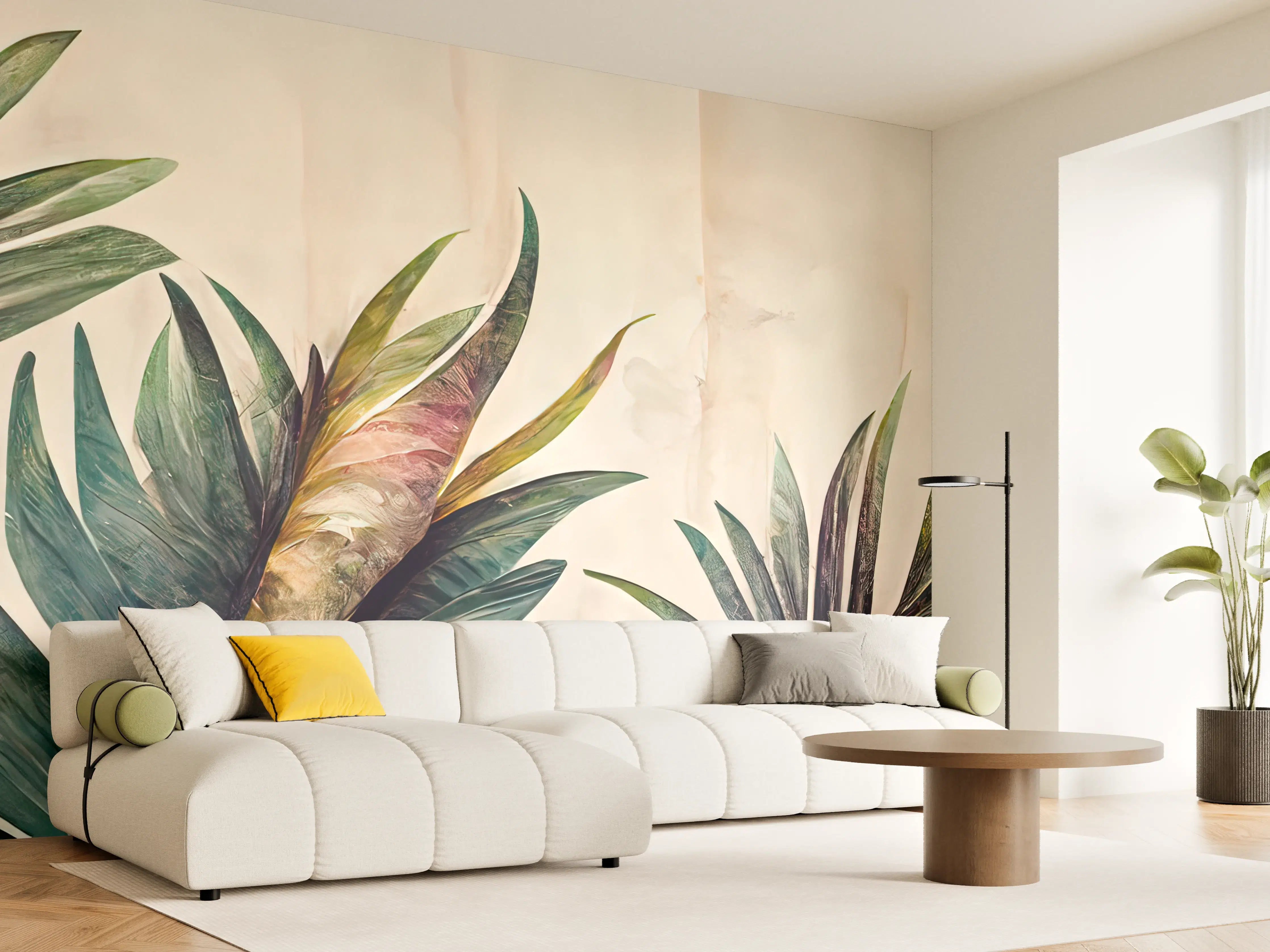 Wandverkleidung Wohnzimmer - Elegante Pflanzenillustration vor hellem Hintergrund