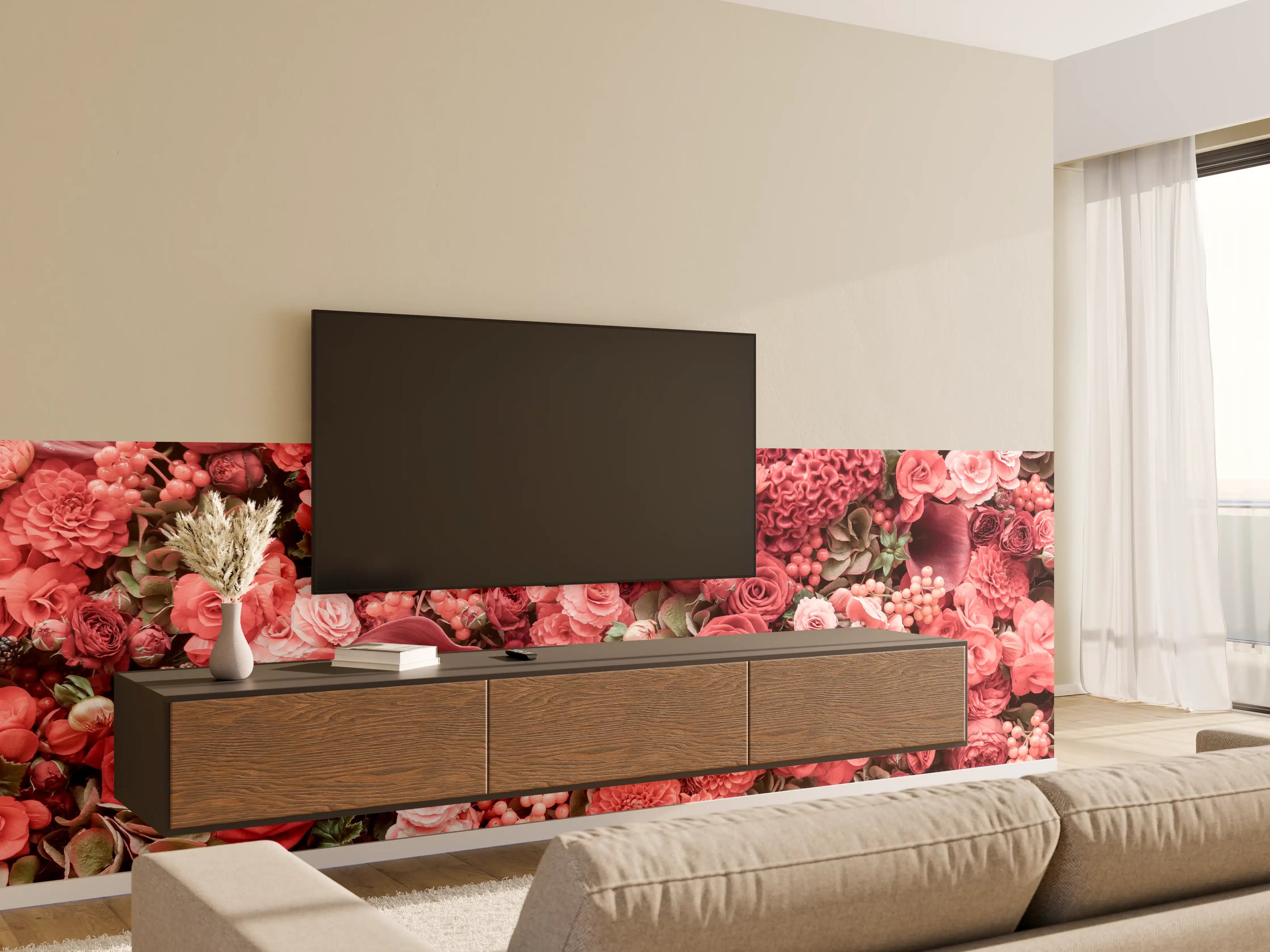 Wandverkleidung Wohnzimmer - Elegante Rosen- und Calla-Blumenwand