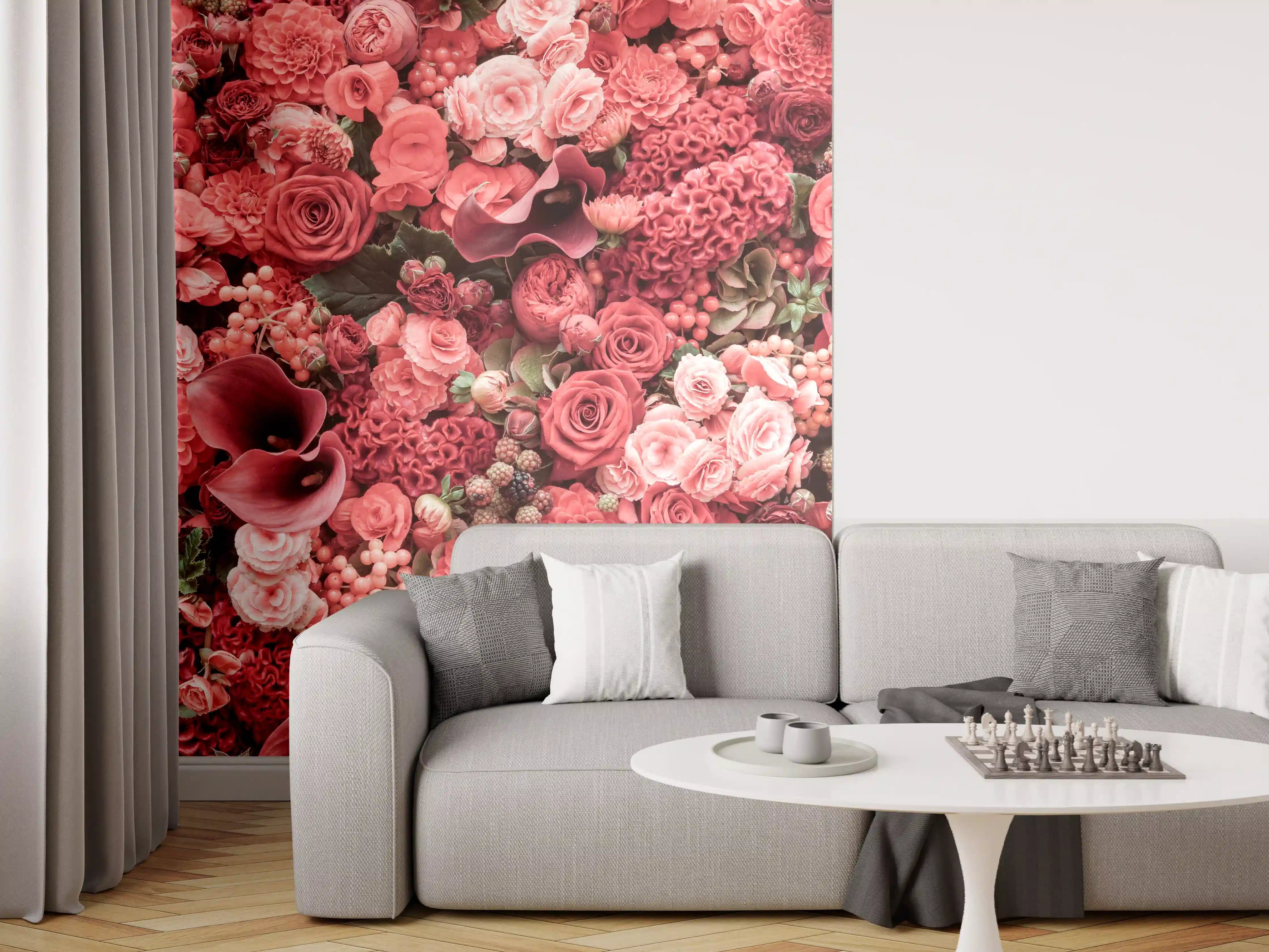 Wandverkleidung Wohnzimmer - Elegante Rosen- und Calla-Blumenwand