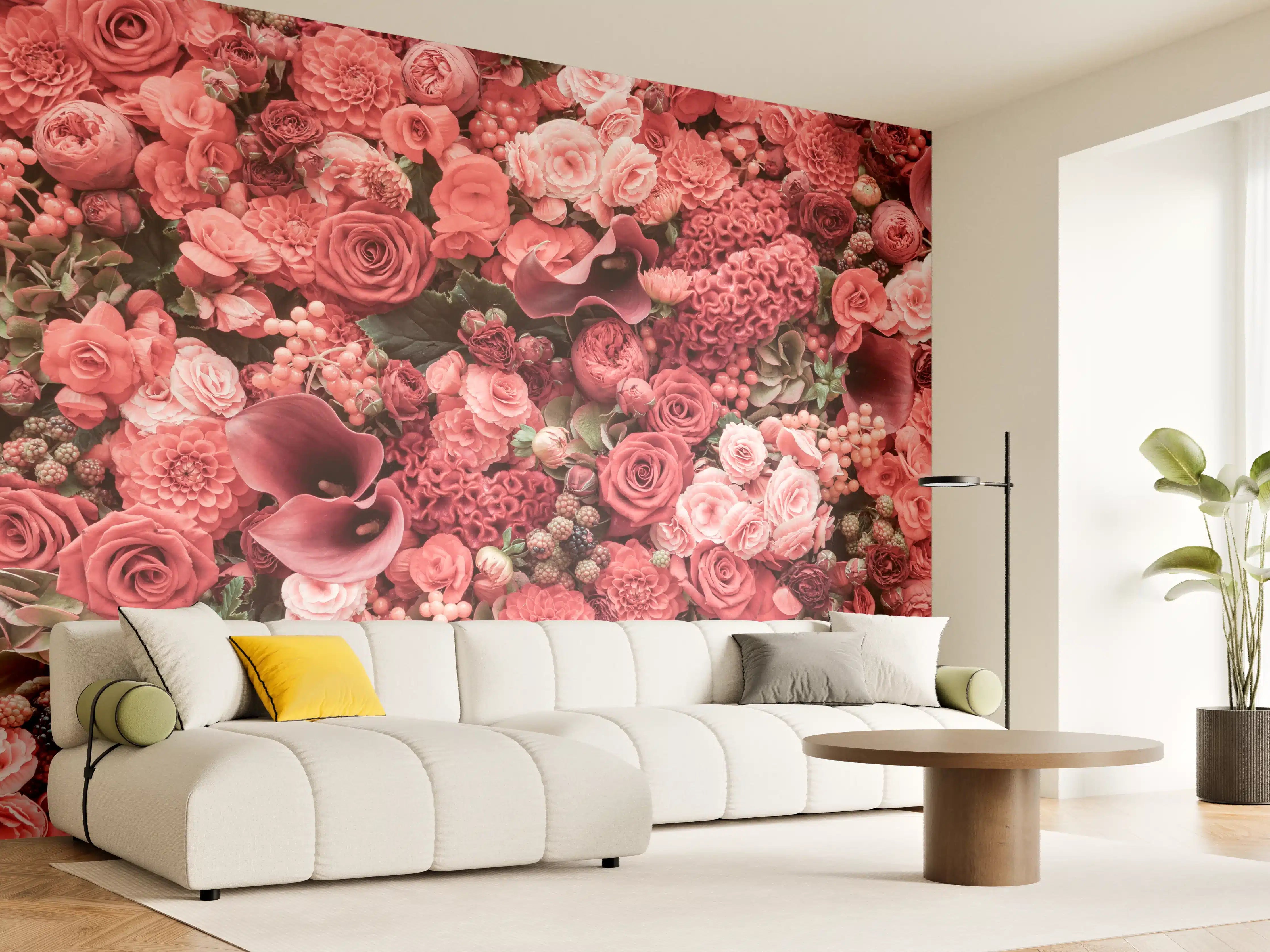 Wandverkleidung Wohnzimmer - Elegante Rosen- und Calla-Blumenwand