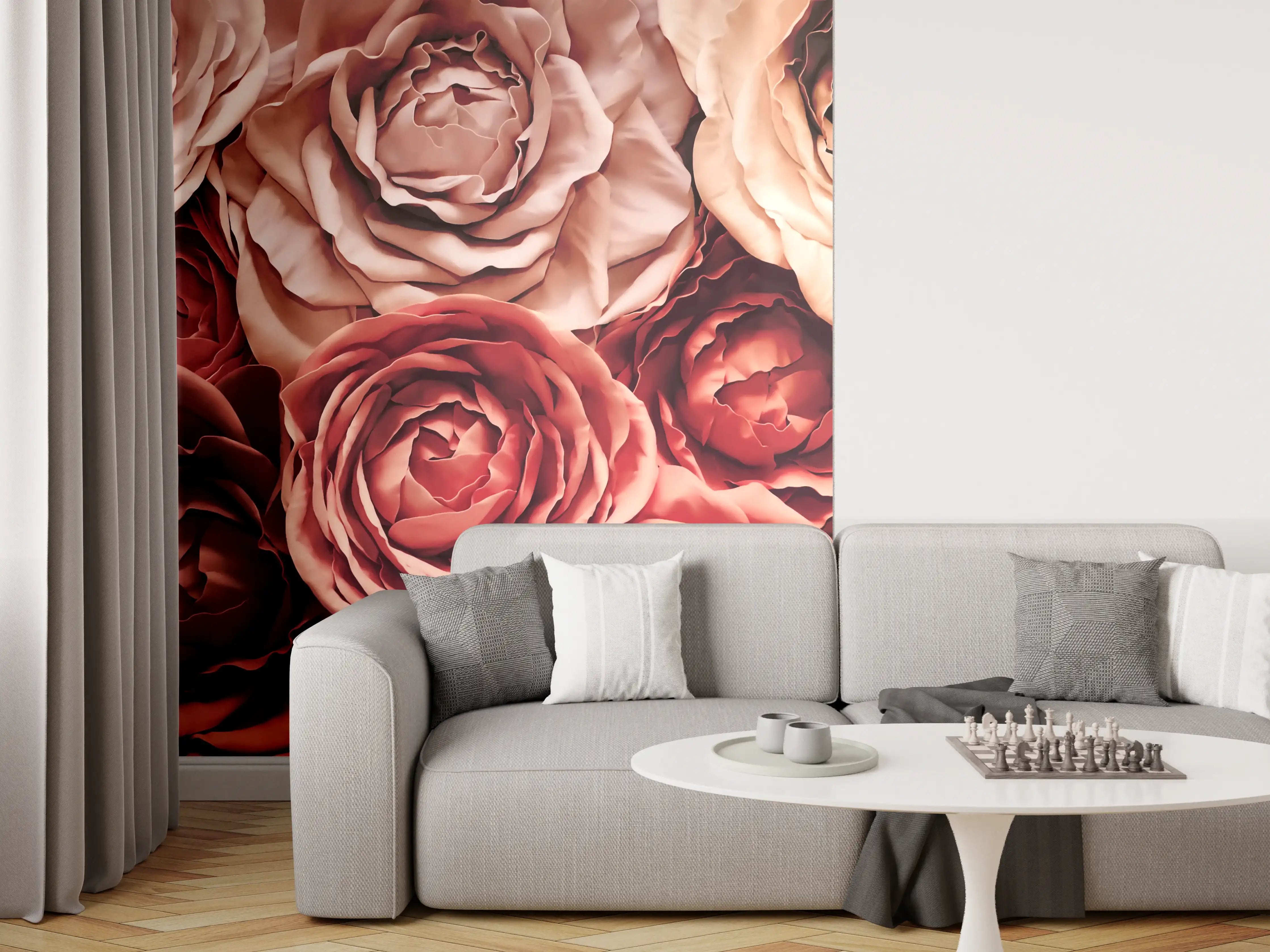 Wandverkleidung Wohnzimmer - Elegante Rosenblumen in warmen Farbtönen - Perfekte Dekoration