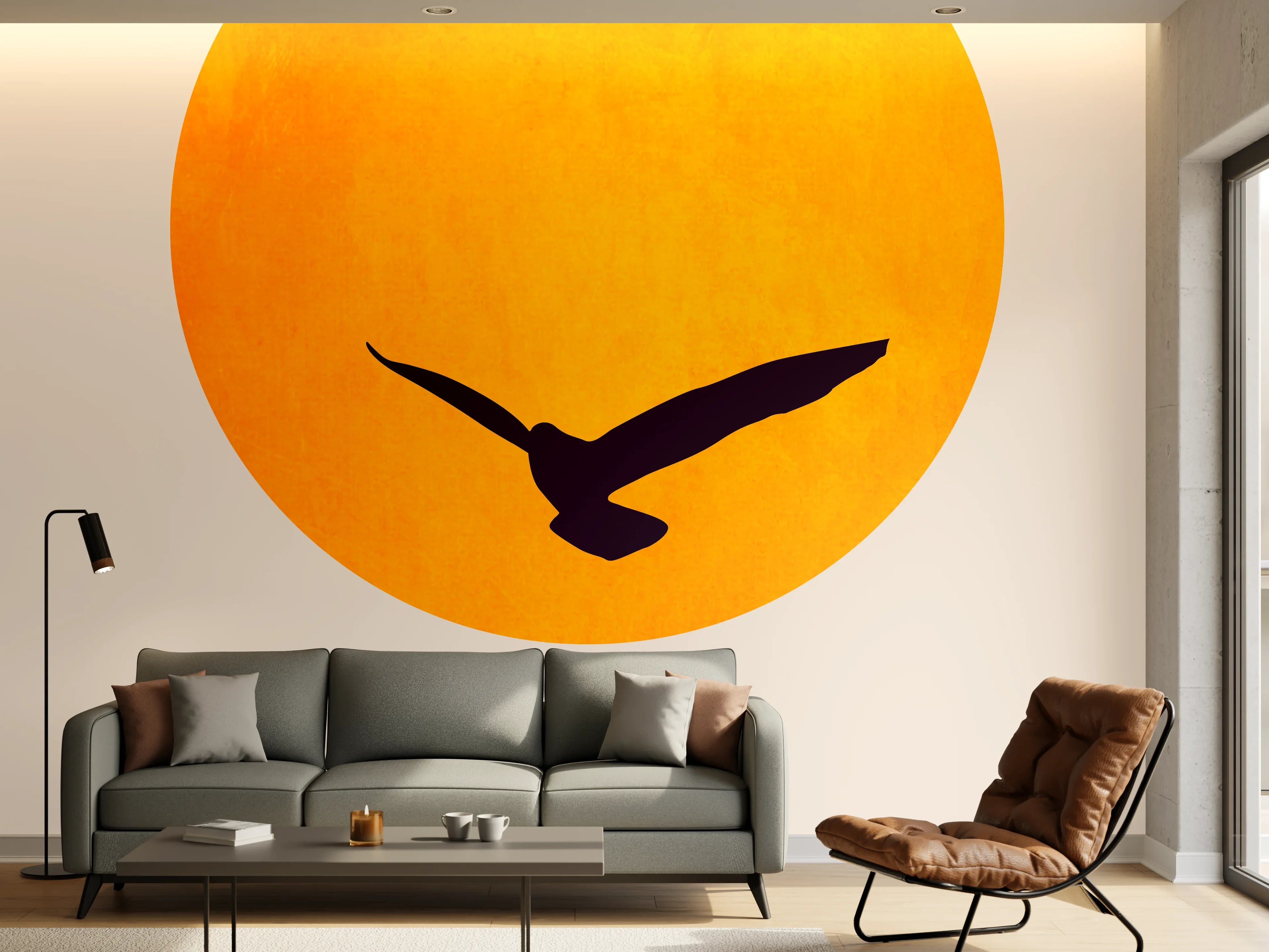 Wandverkleidung Wohnzimmer - Elegante Sonnenuntergangs-Silhouette mit Vögeln