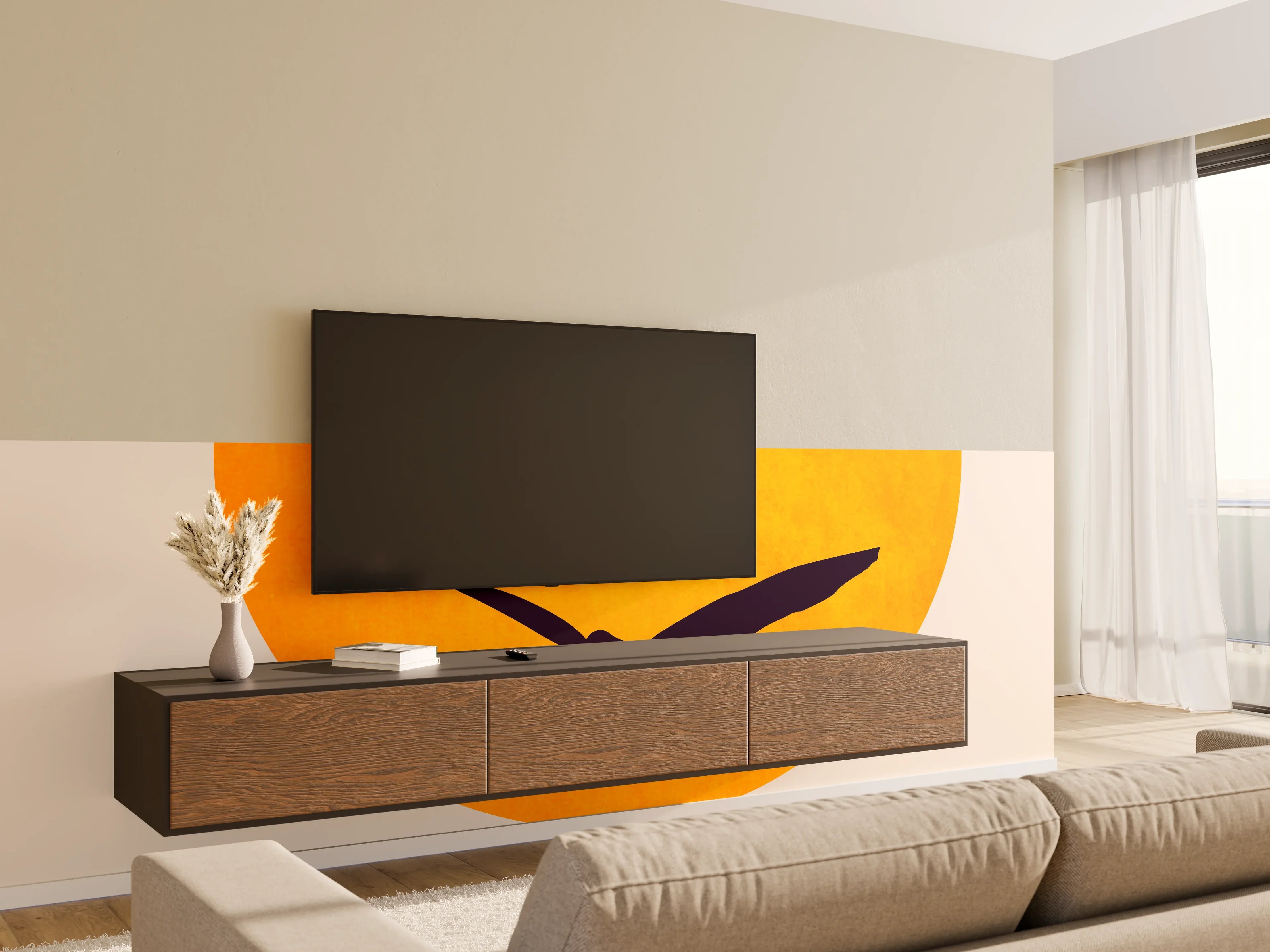 Wandverkleidung Wohnzimmer - Elegante Sonnenuntergangs-Silhouette mit Vögeln