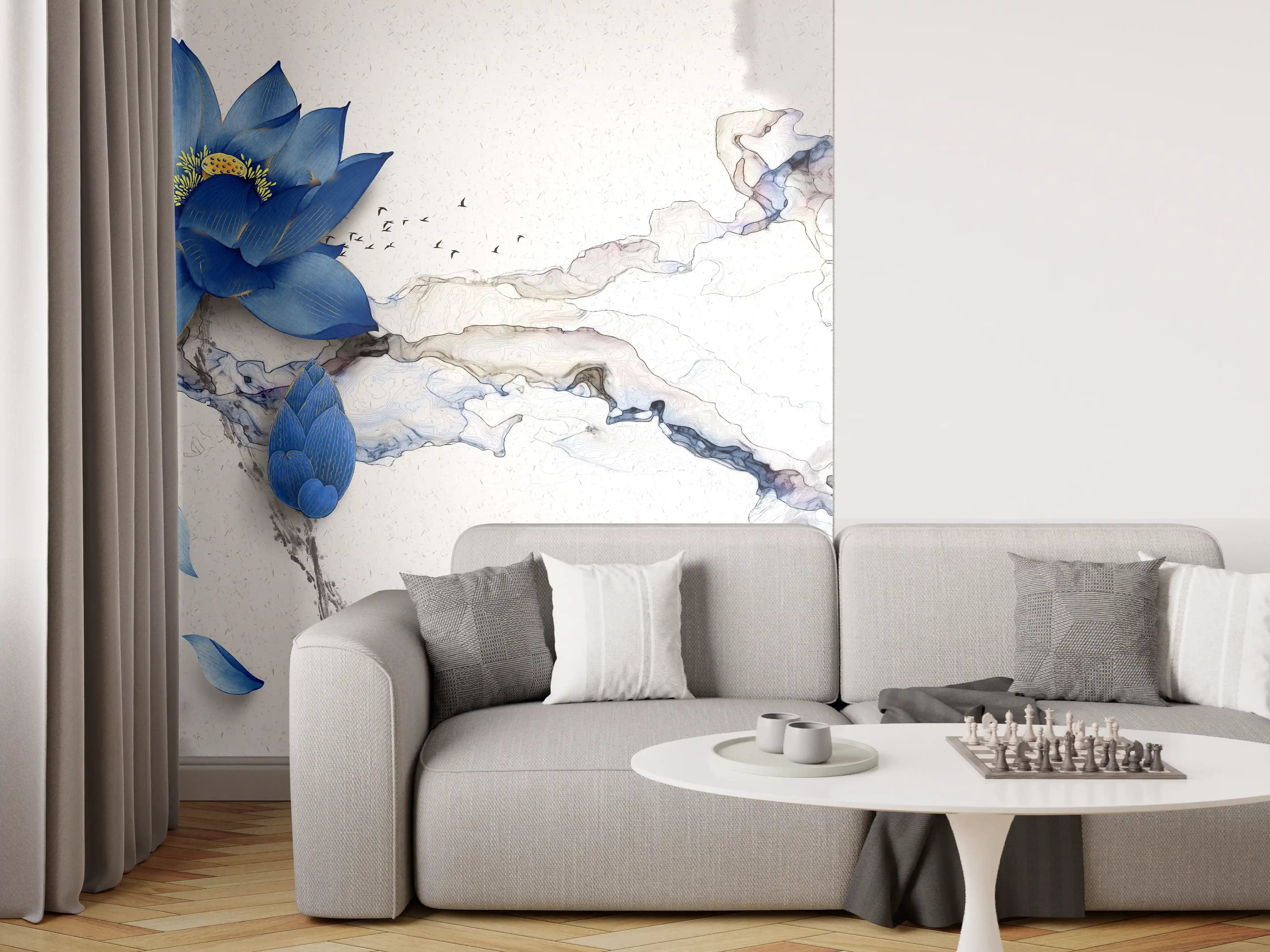 Wandverkleidung Wohnzimmer - Elegante Vintage-Blume im Wasserfarben-Stil