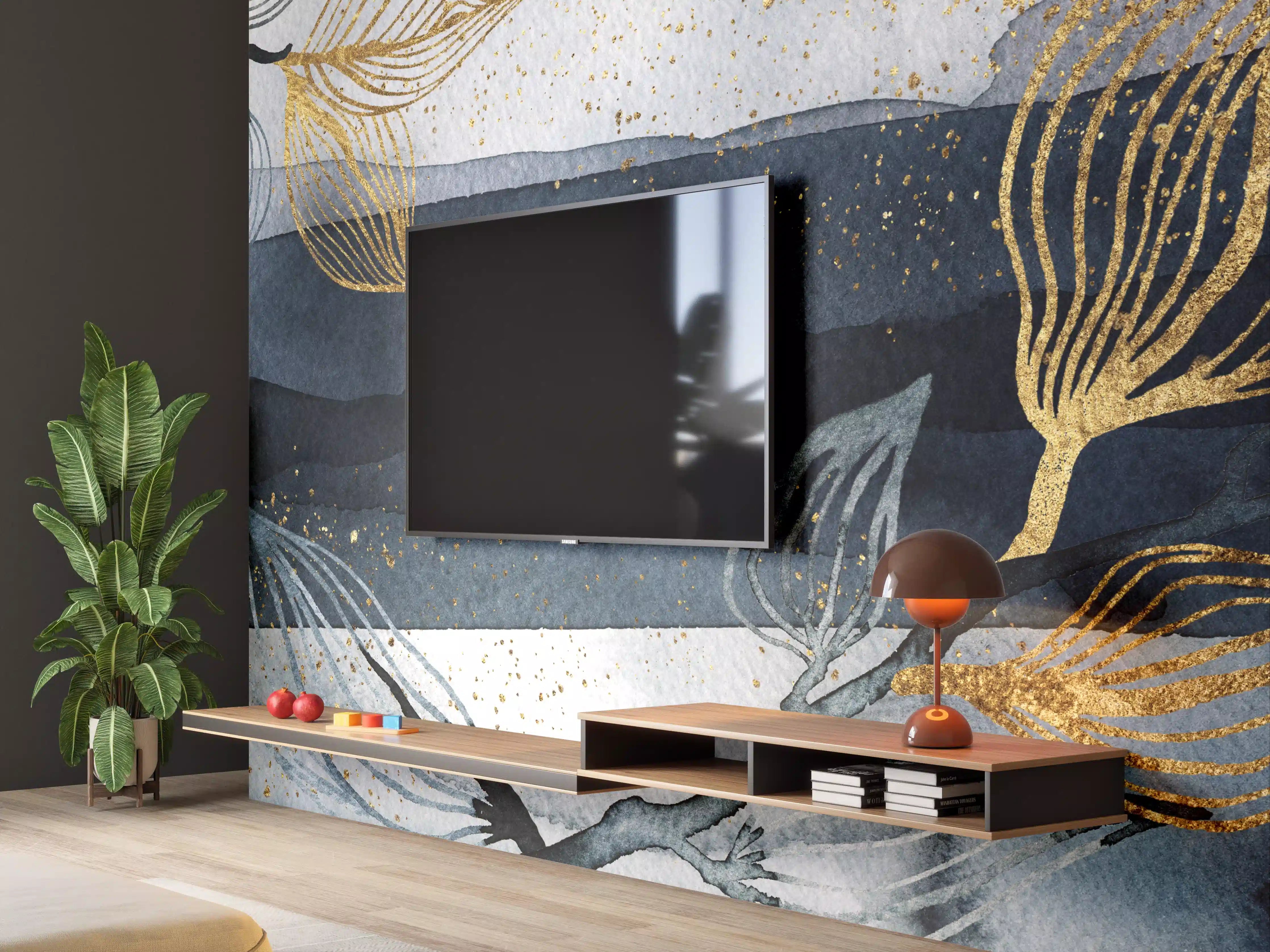 Wandverkleidung Wohnzimmer - Elegante Wasserfarben-Kunst mit Goldakzenten