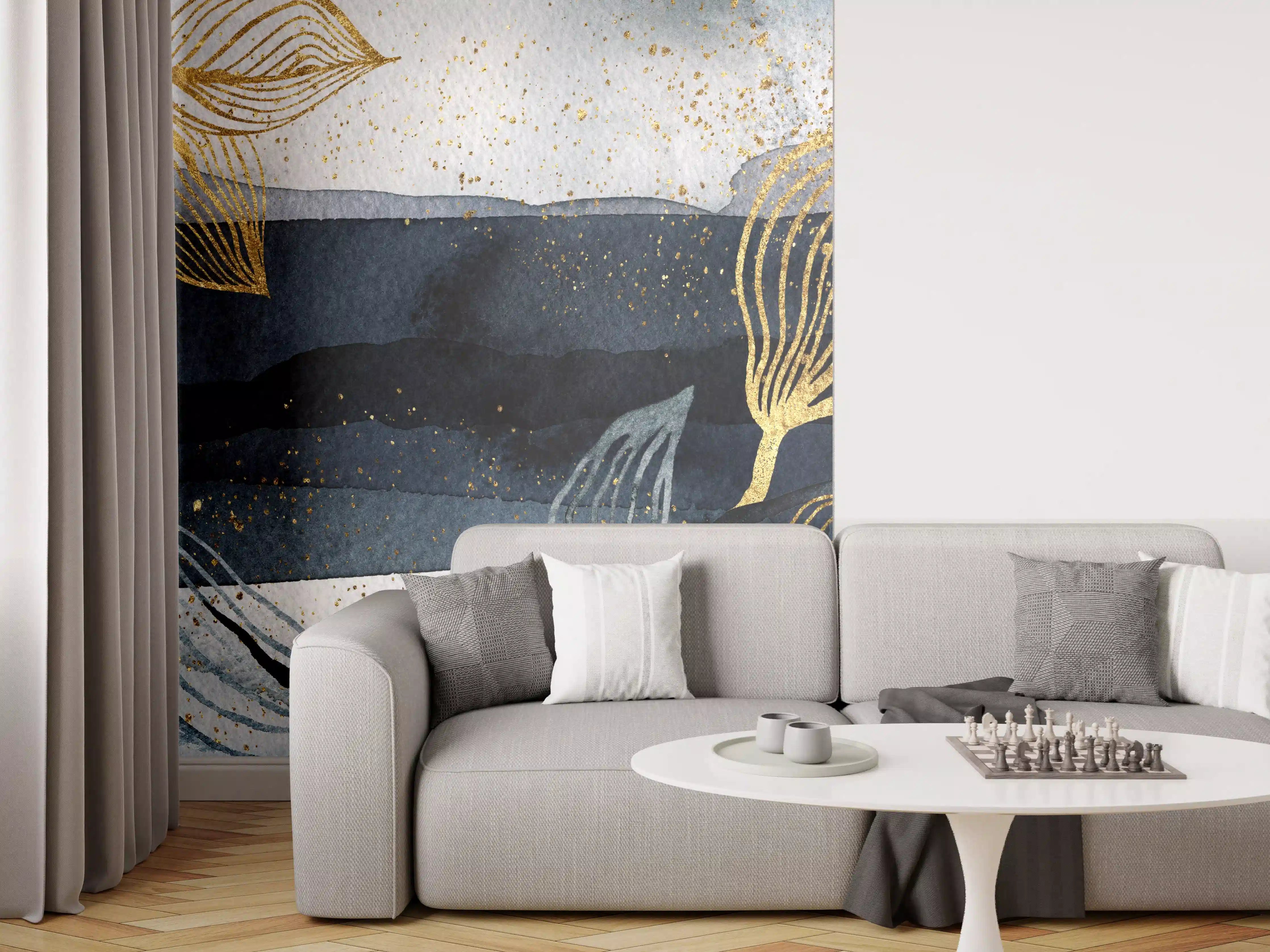 Wandverkleidung Wohnzimmer - Elegante Wasserfarben-Kunst mit Goldakzenten