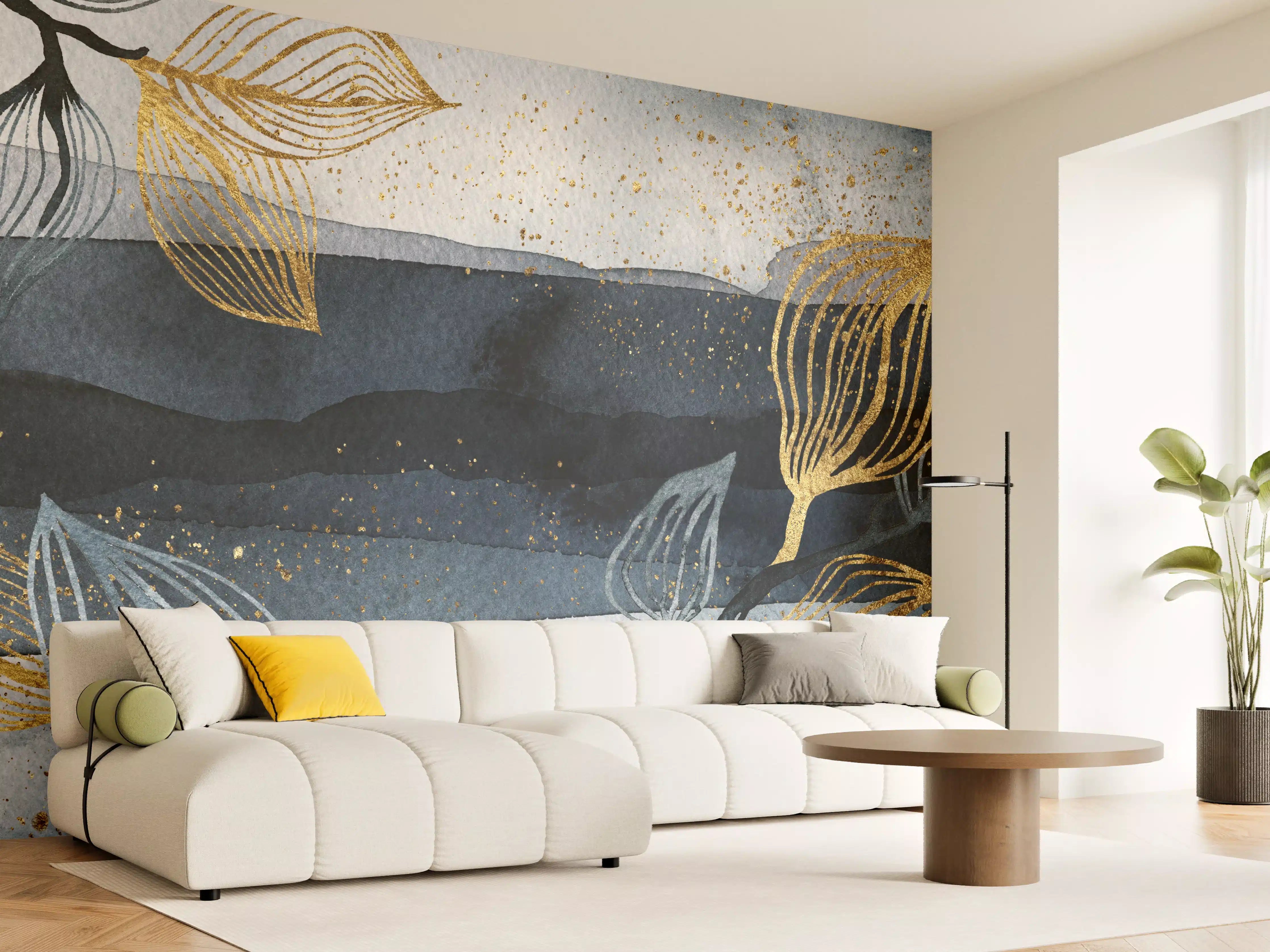 Wandverkleidung Wohnzimmer - Elegante Wasserfarben-Kunst mit Goldakzenten