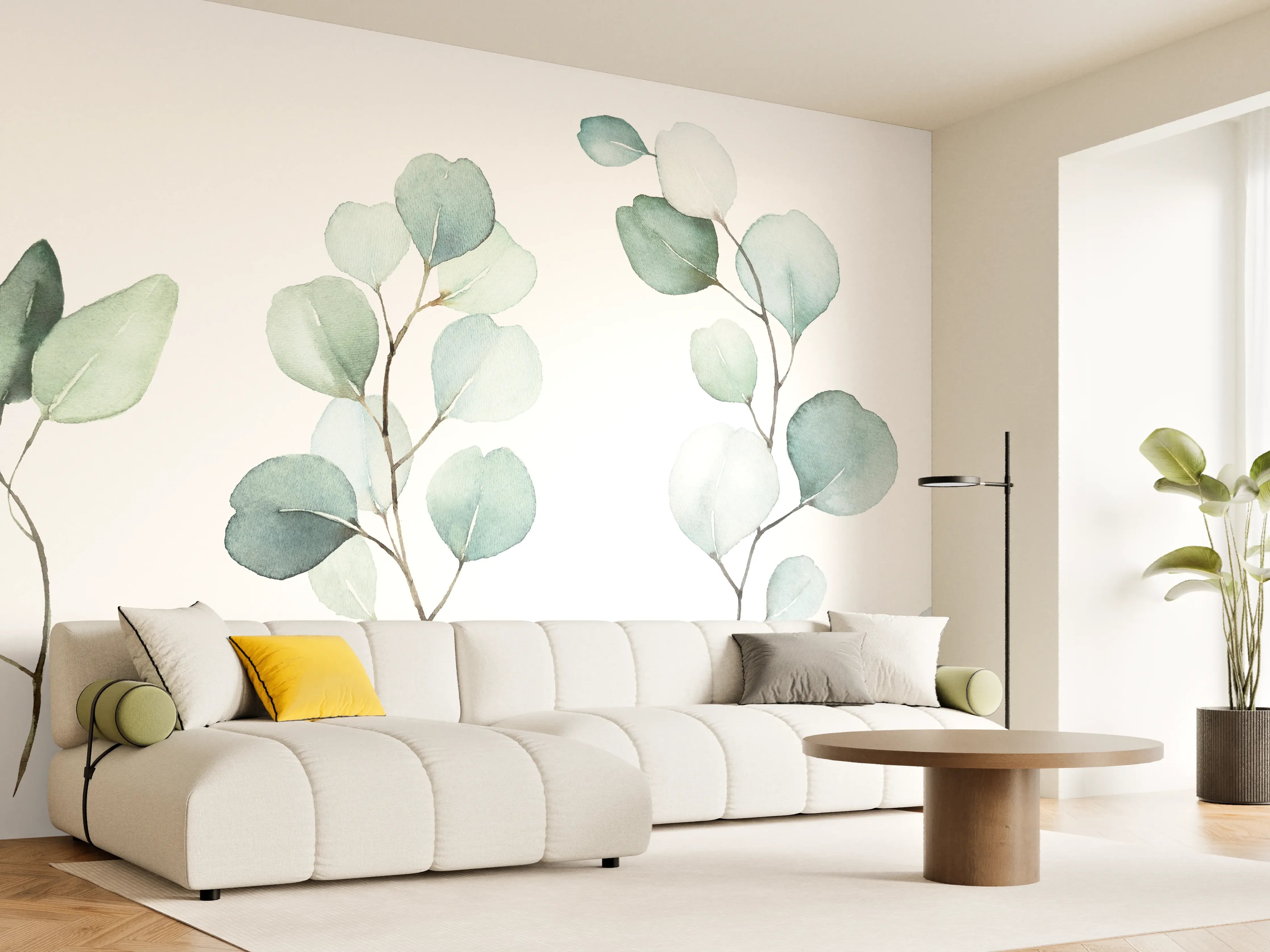 Wandverkleidung Wohnzimmer - Elegante Wasserfarbenteile mit zarten Grüntönen