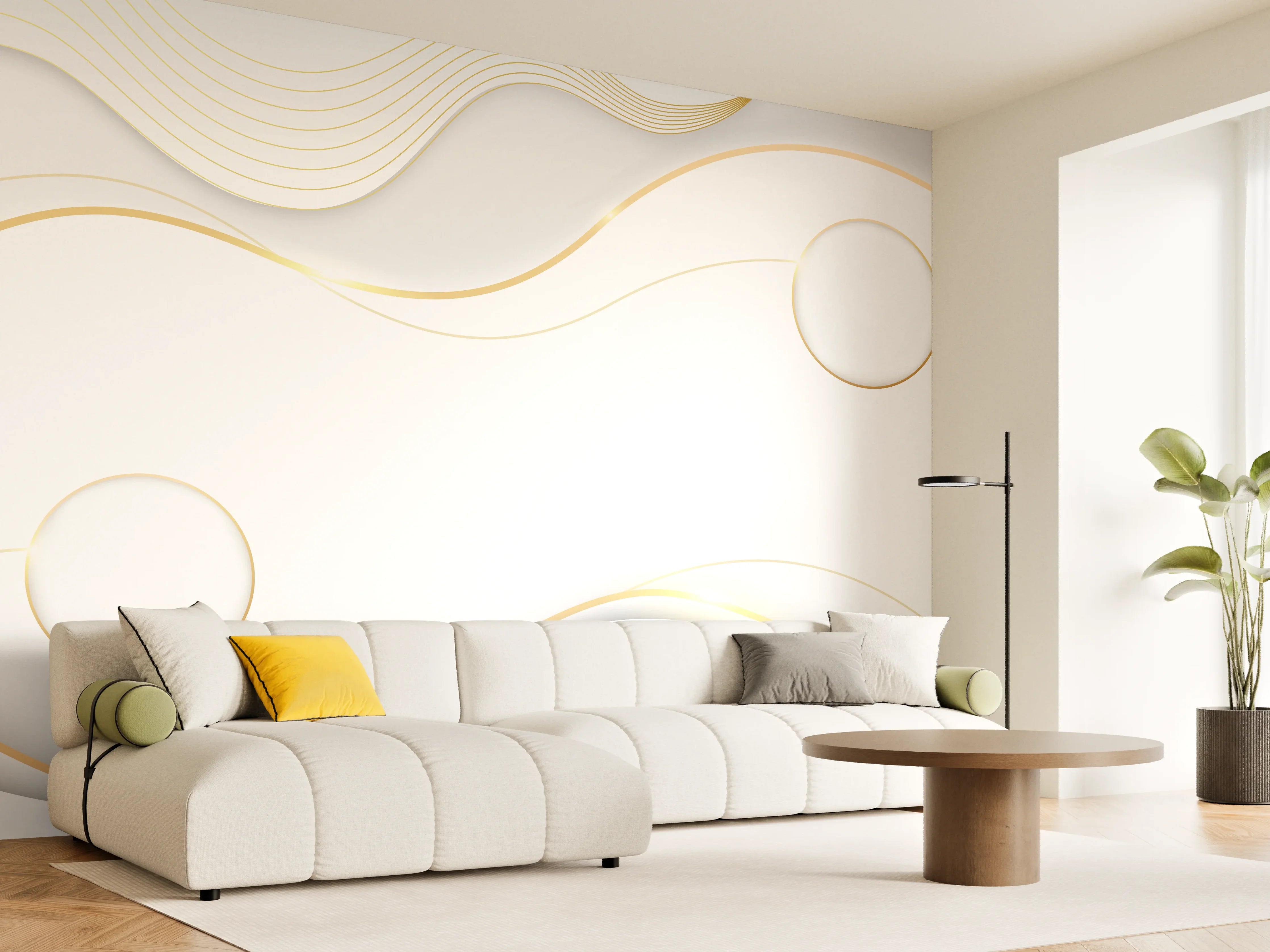 Wandverkleidung Wohnzimmer - Elegante Weiß-Gold Wellen-Design