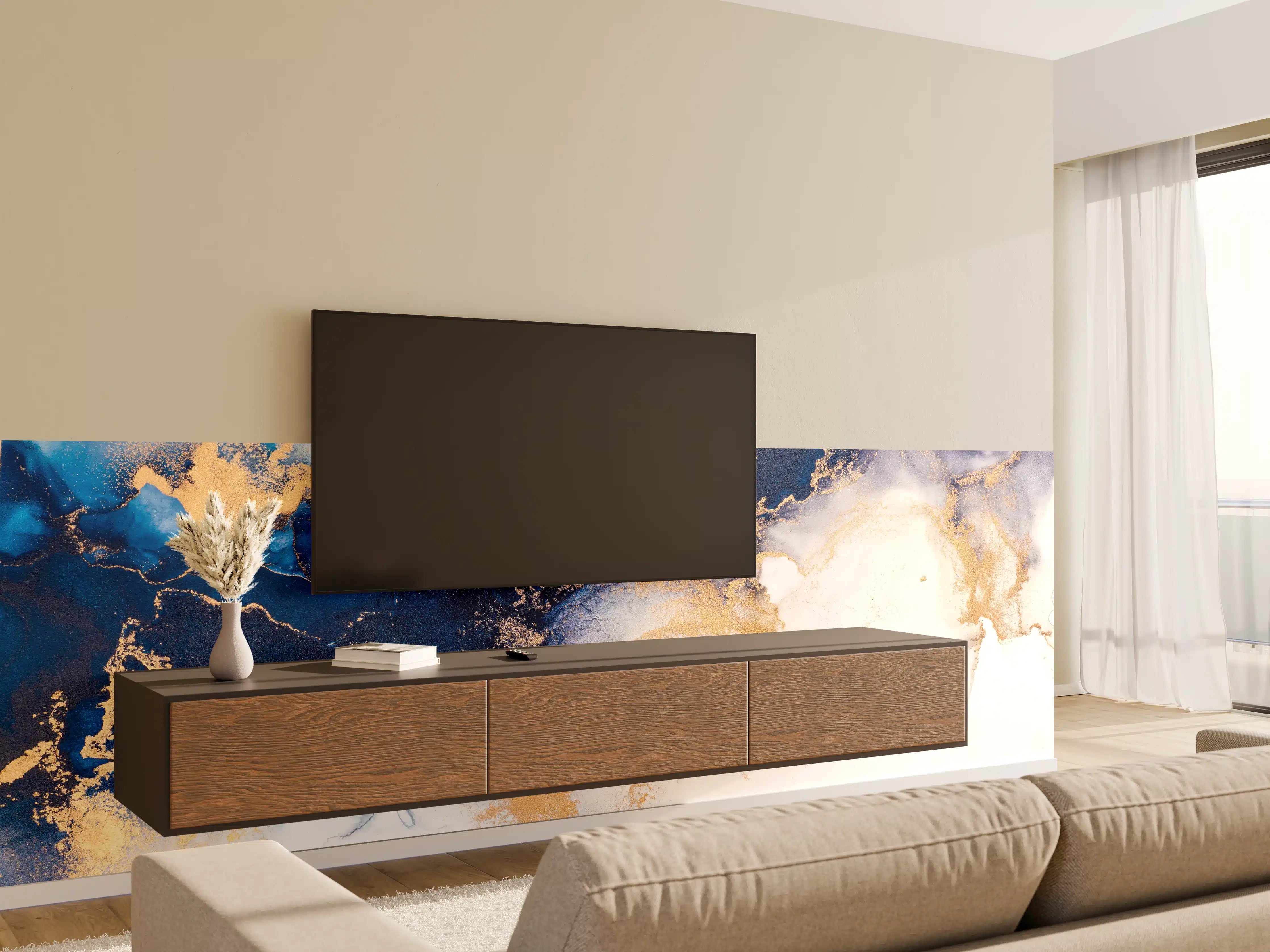 Wandverkleidung Wohnzimmer - Elegante abstrakte Kunst in Blau und Gold