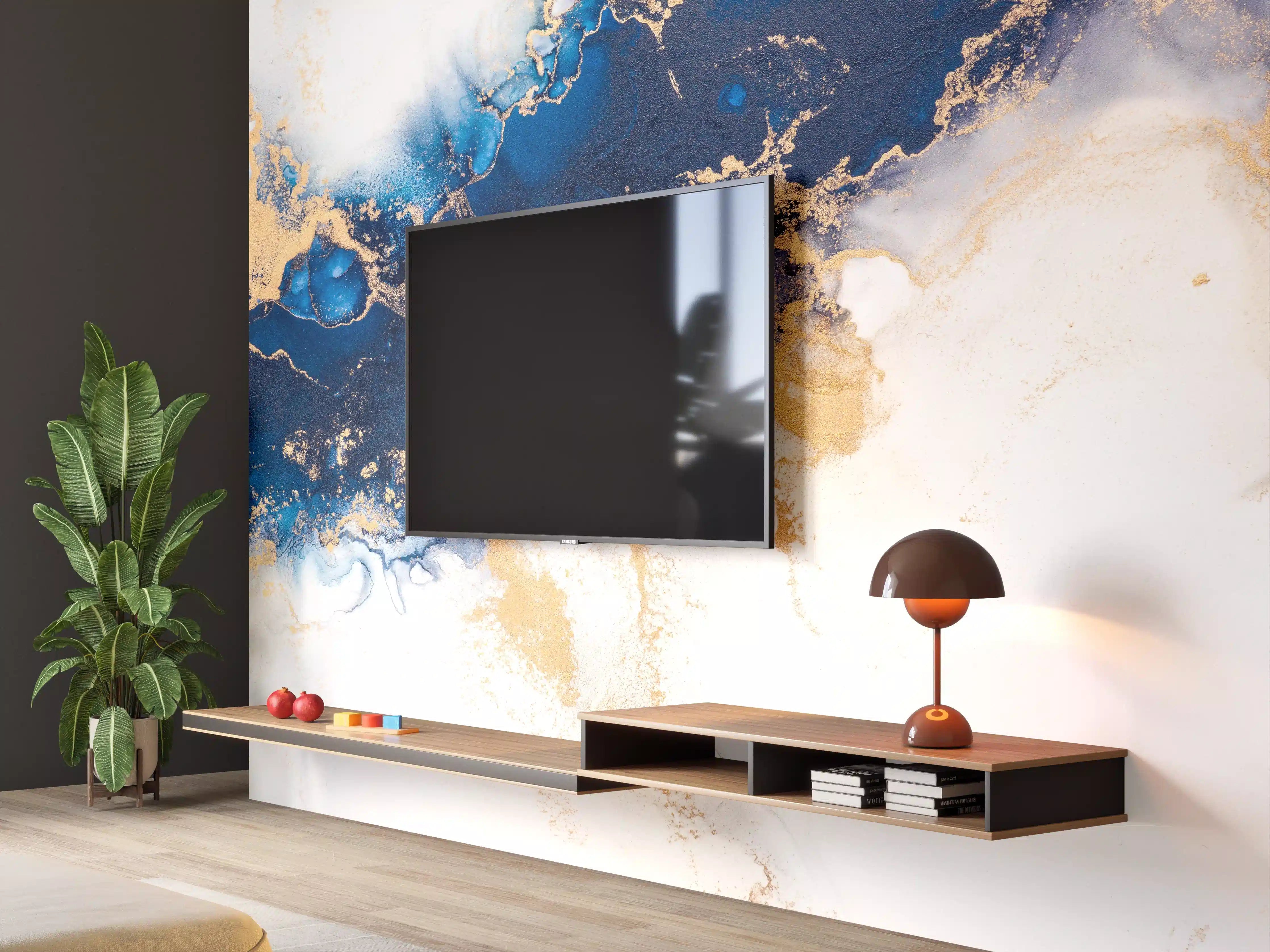 Wandverkleidung Wohnzimmer - Elegante abstrakte Kunst in Blau und Gold