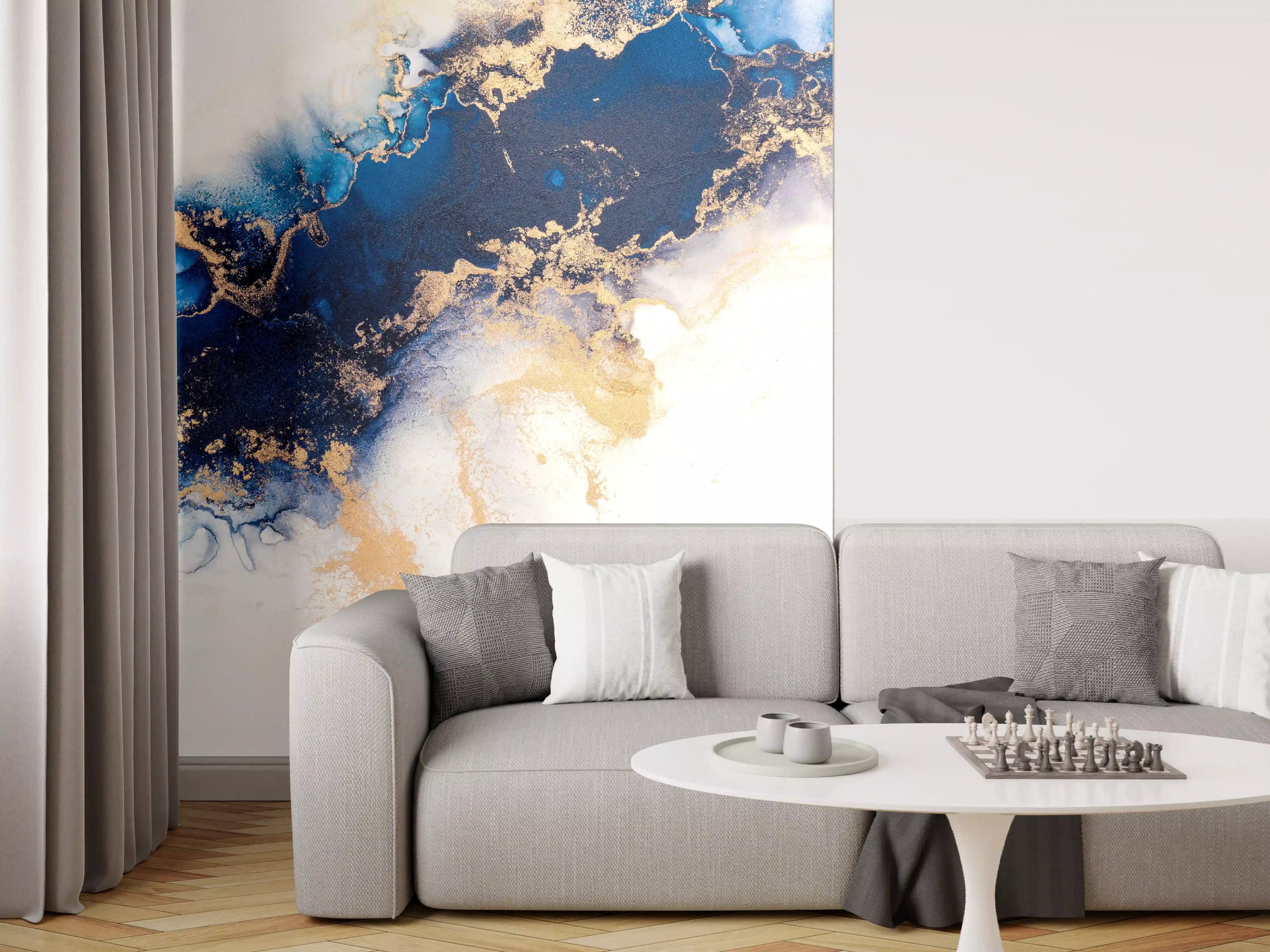 Wandverkleidung Wohnzimmer - Elegante abstrakte Kunst in Blau und Gold