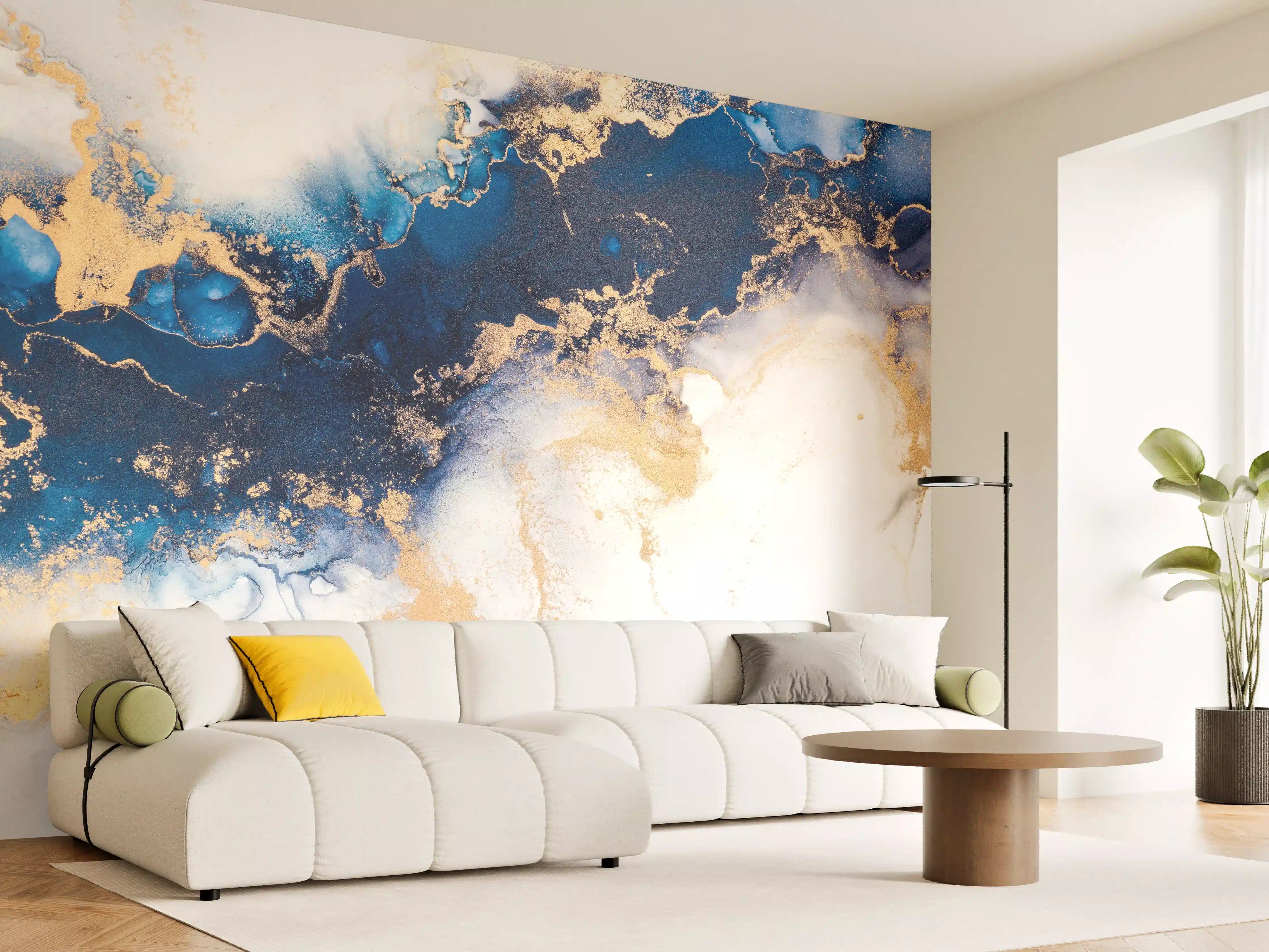 Wandverkleidung Wohnzimmer - Elegante abstrakte Kunst in Blau und Gold