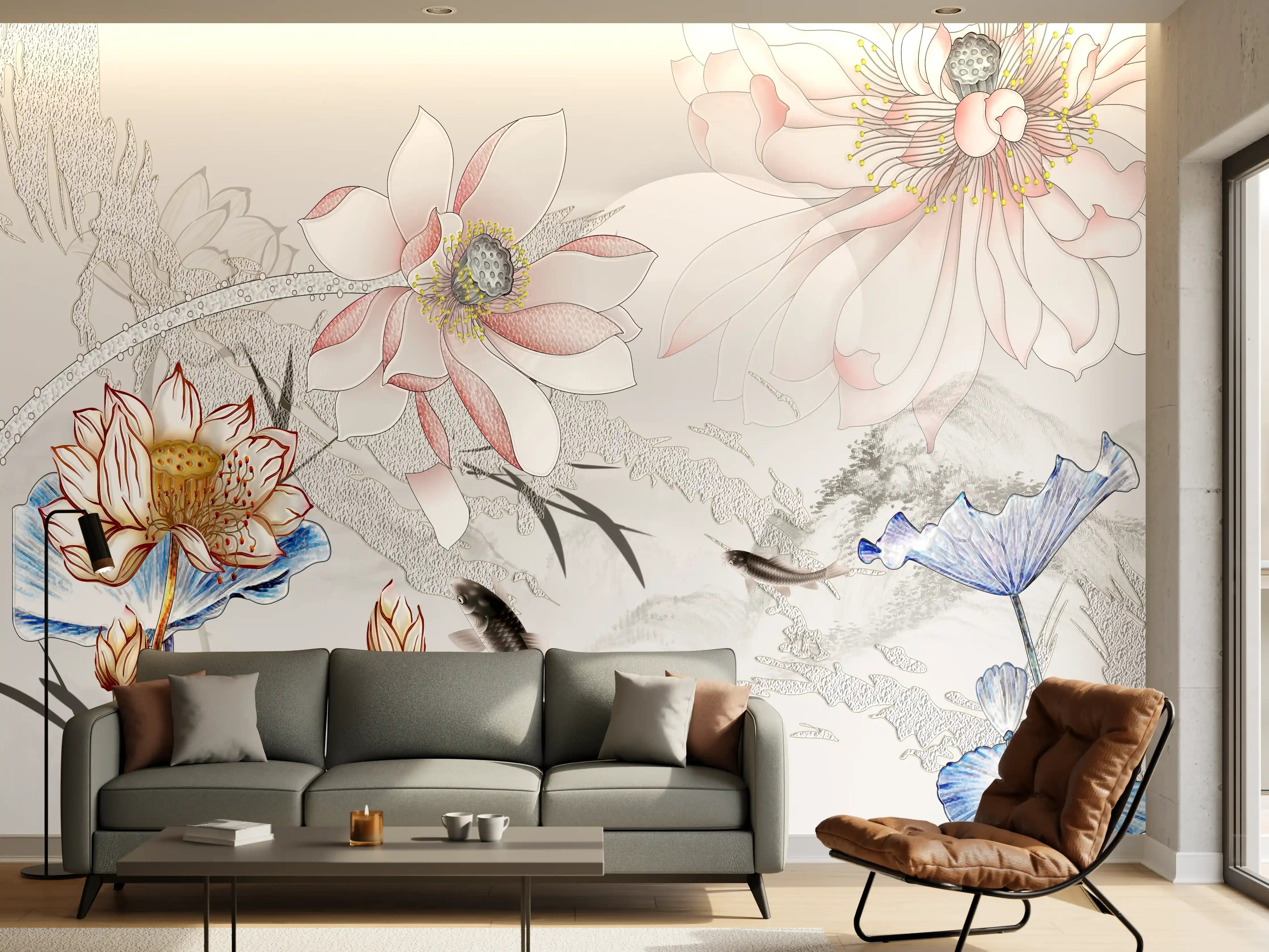 Wandverkleidung Wohnzimmer - Elegante asiatische Wasserlilien mit Fischen