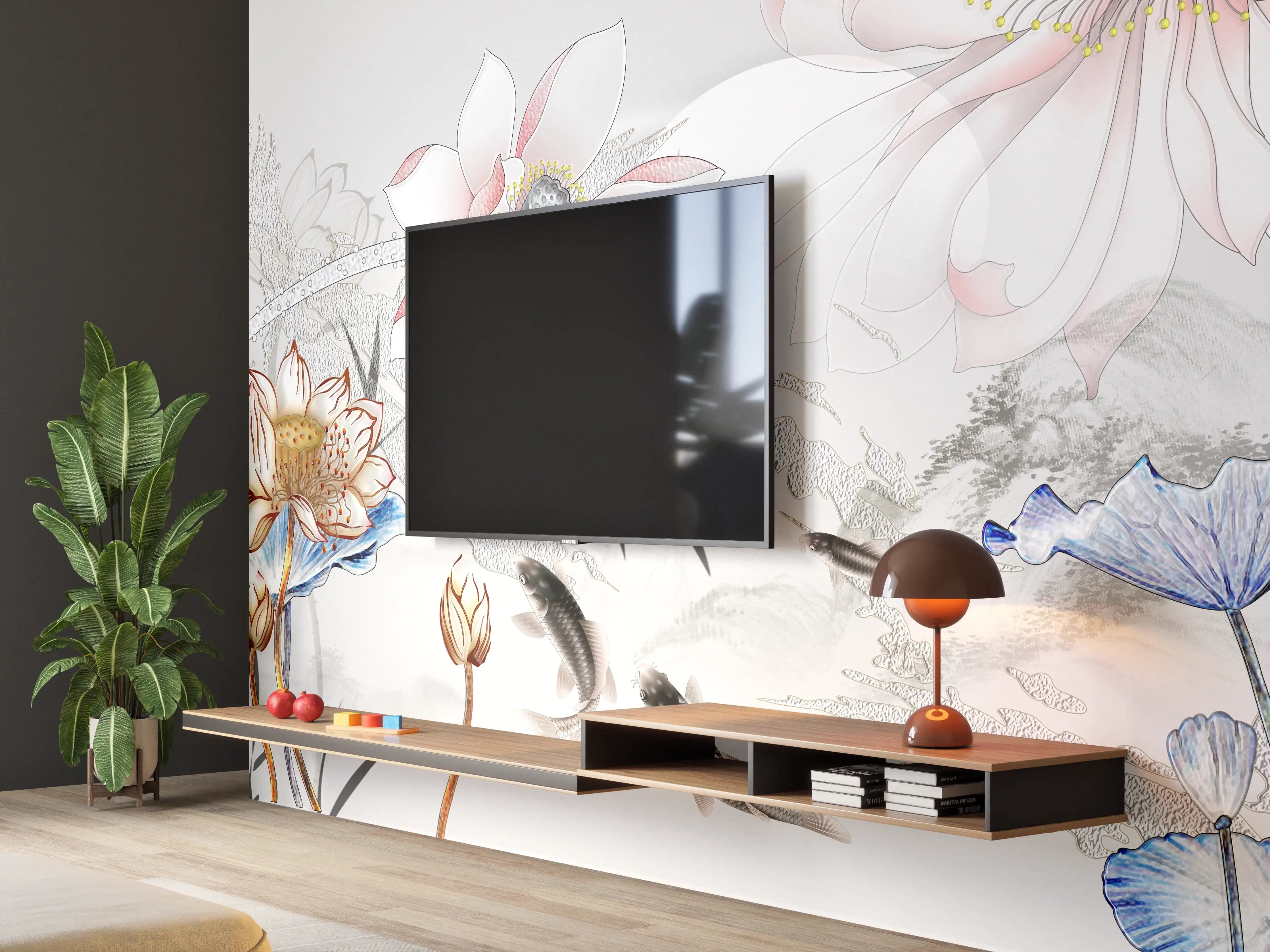 Wandverkleidung Wohnzimmer - Elegante asiatische Wasserlilien mit Fischen