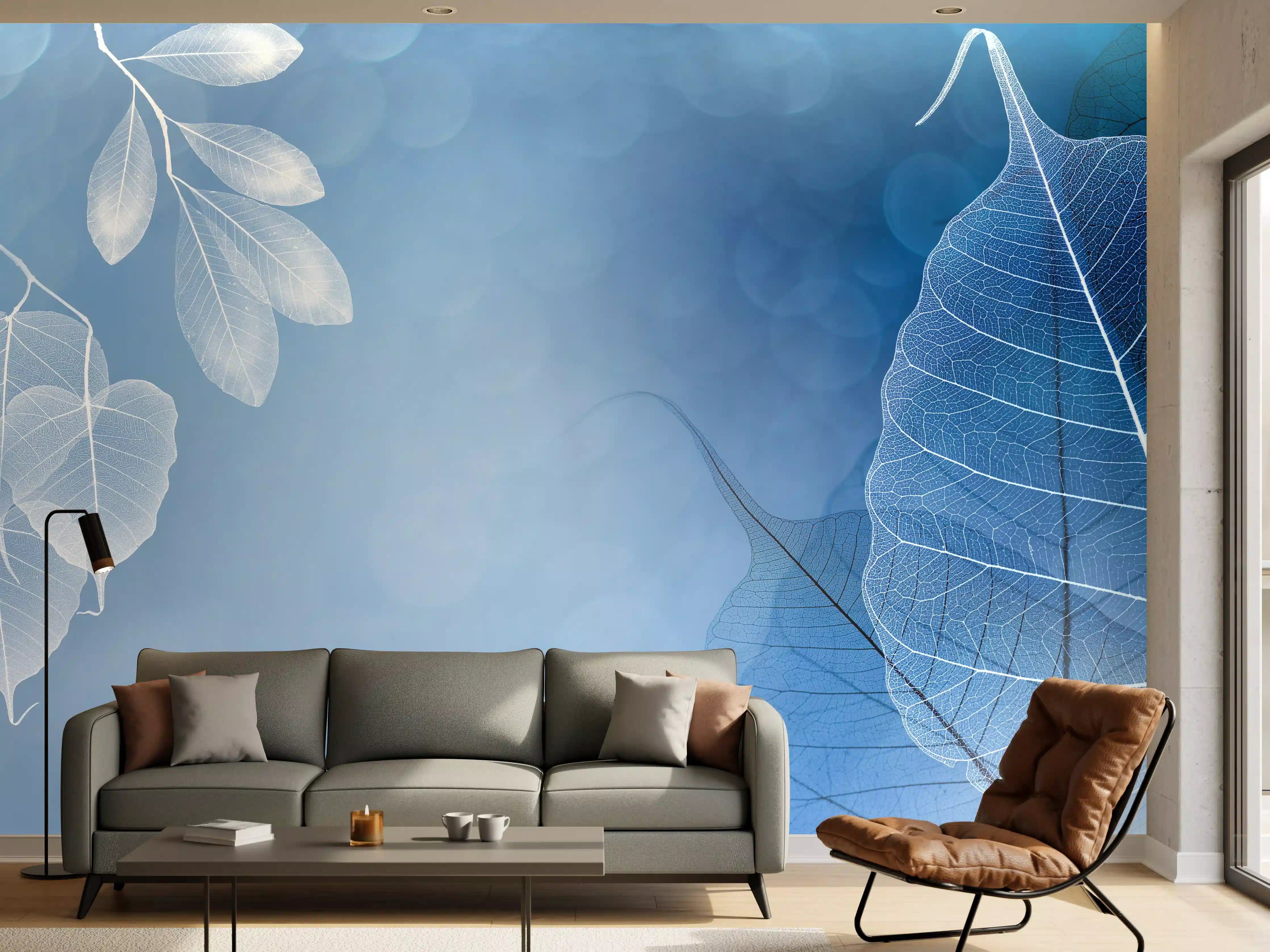 Wandverkleidung Wohnzimmer - Elegante blaue Blätter im Detail