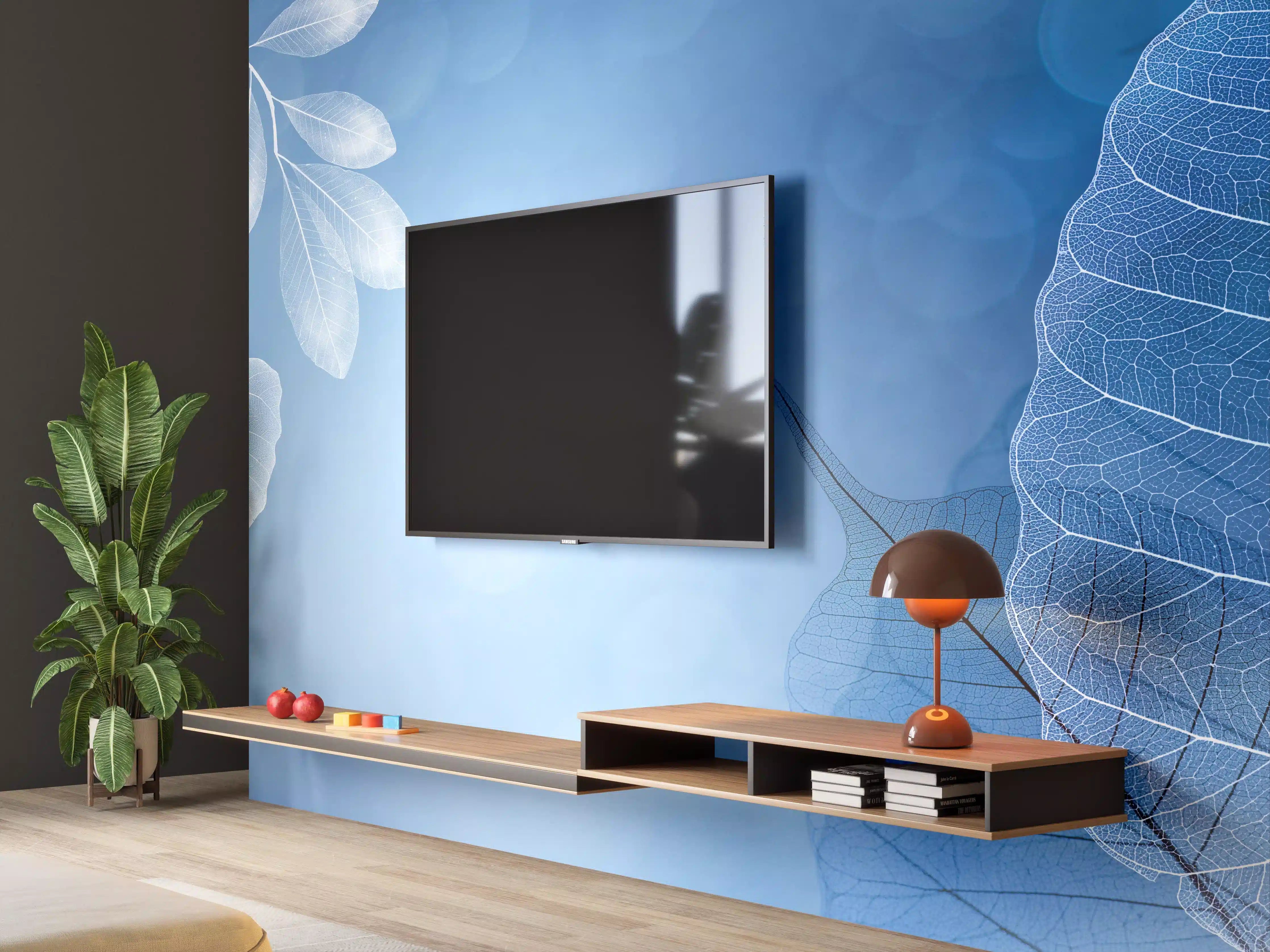 Wandverkleidung Wohnzimmer - Elegante blaue Blätter im Detail