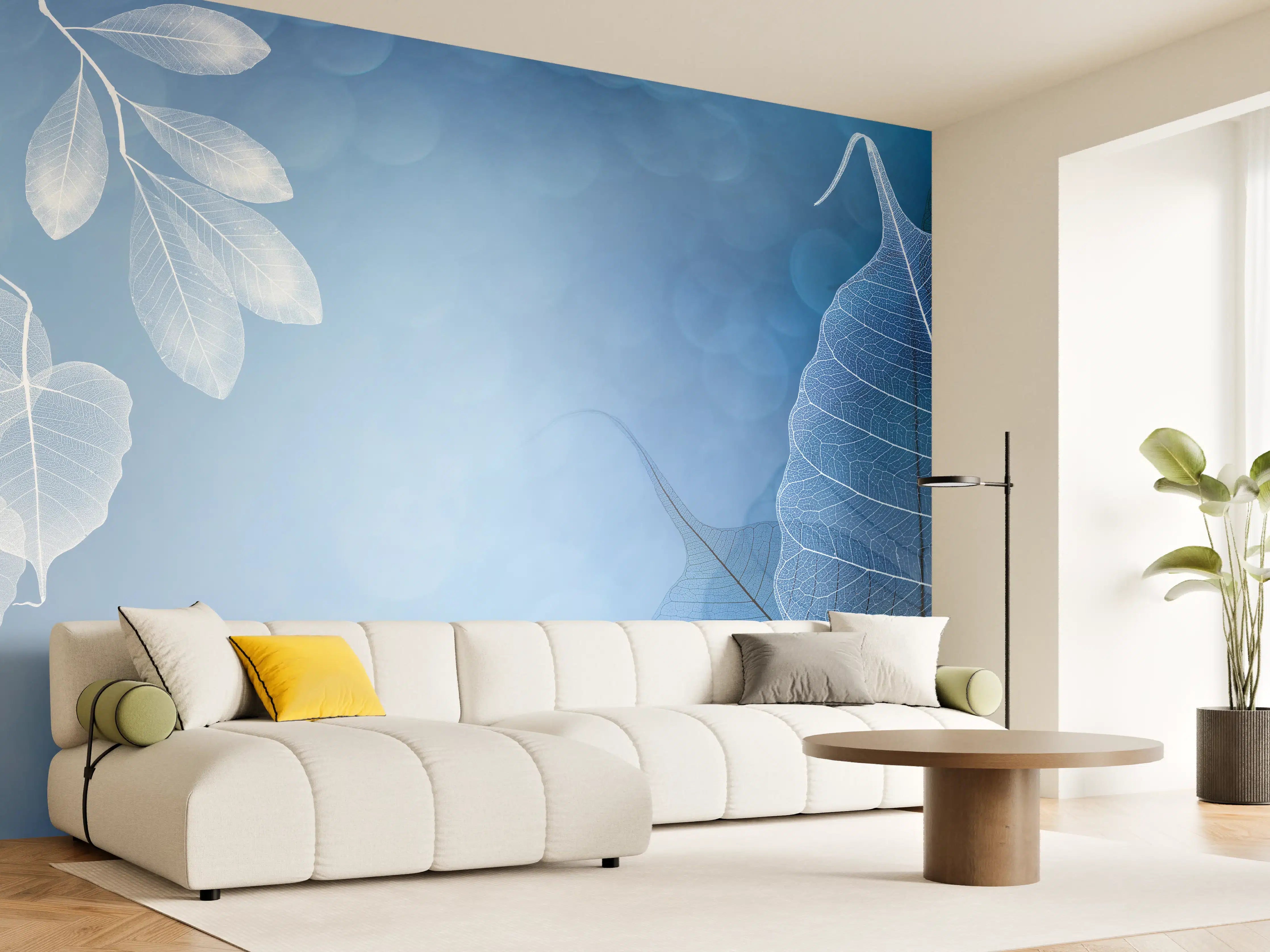 Wandverkleidung Wohnzimmer - Elegante blaue Blätter im Detail