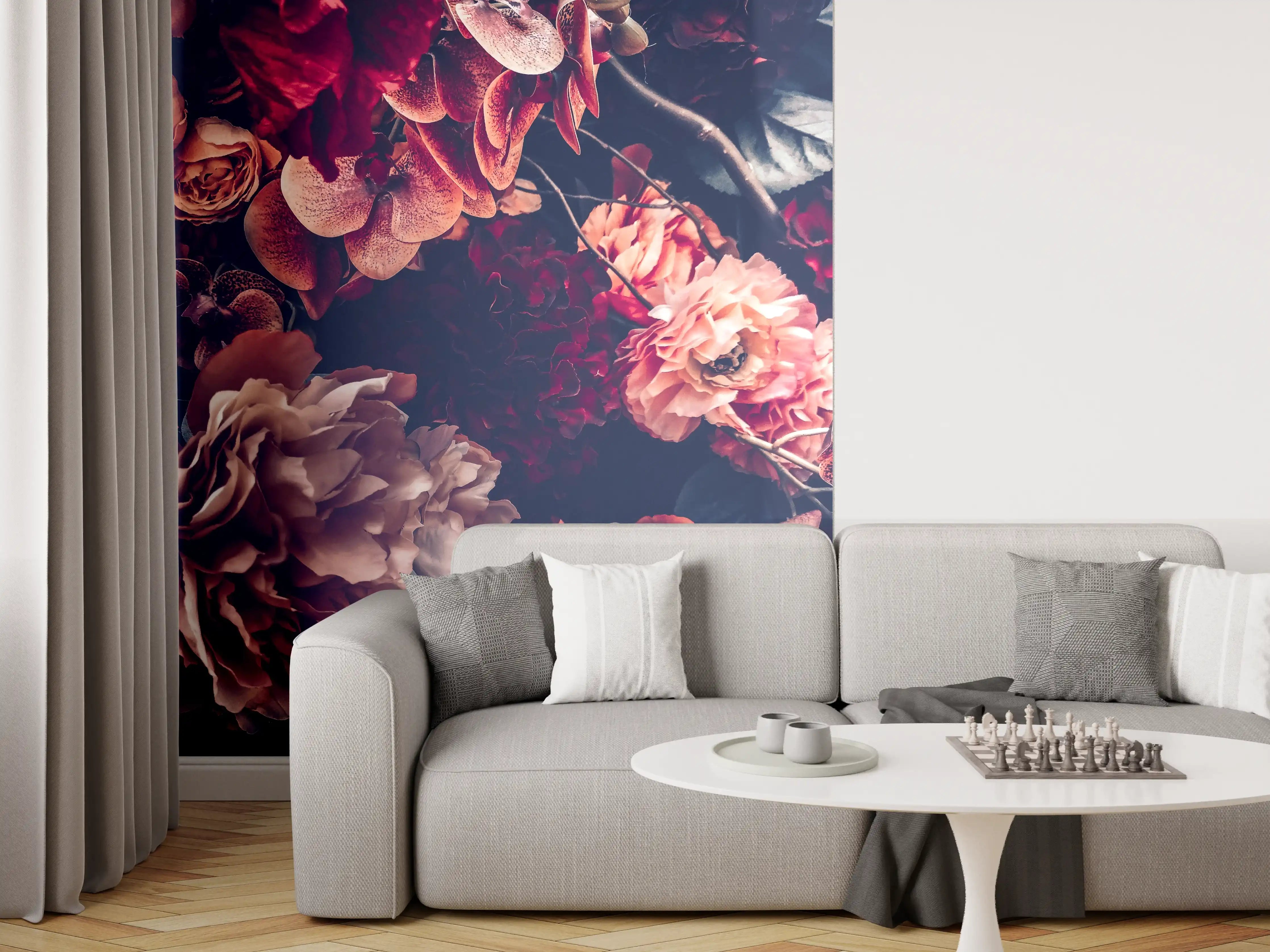 Wandverkleidung Wohnzimmer - Elegante dunkle Blumenarrangement