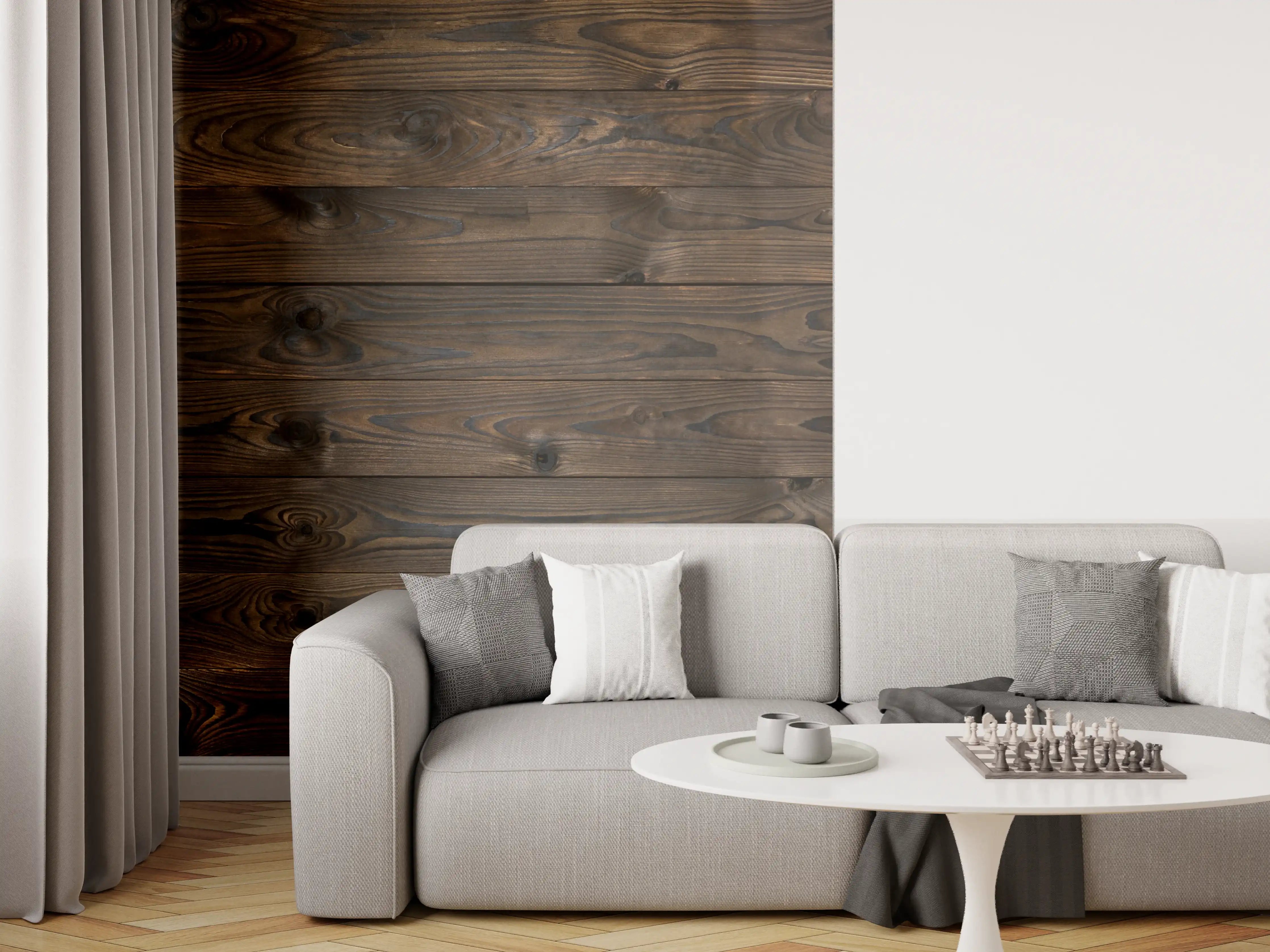Wandverkleidung Wohnzimmer - Elegante dunkle Holzbodenoptik