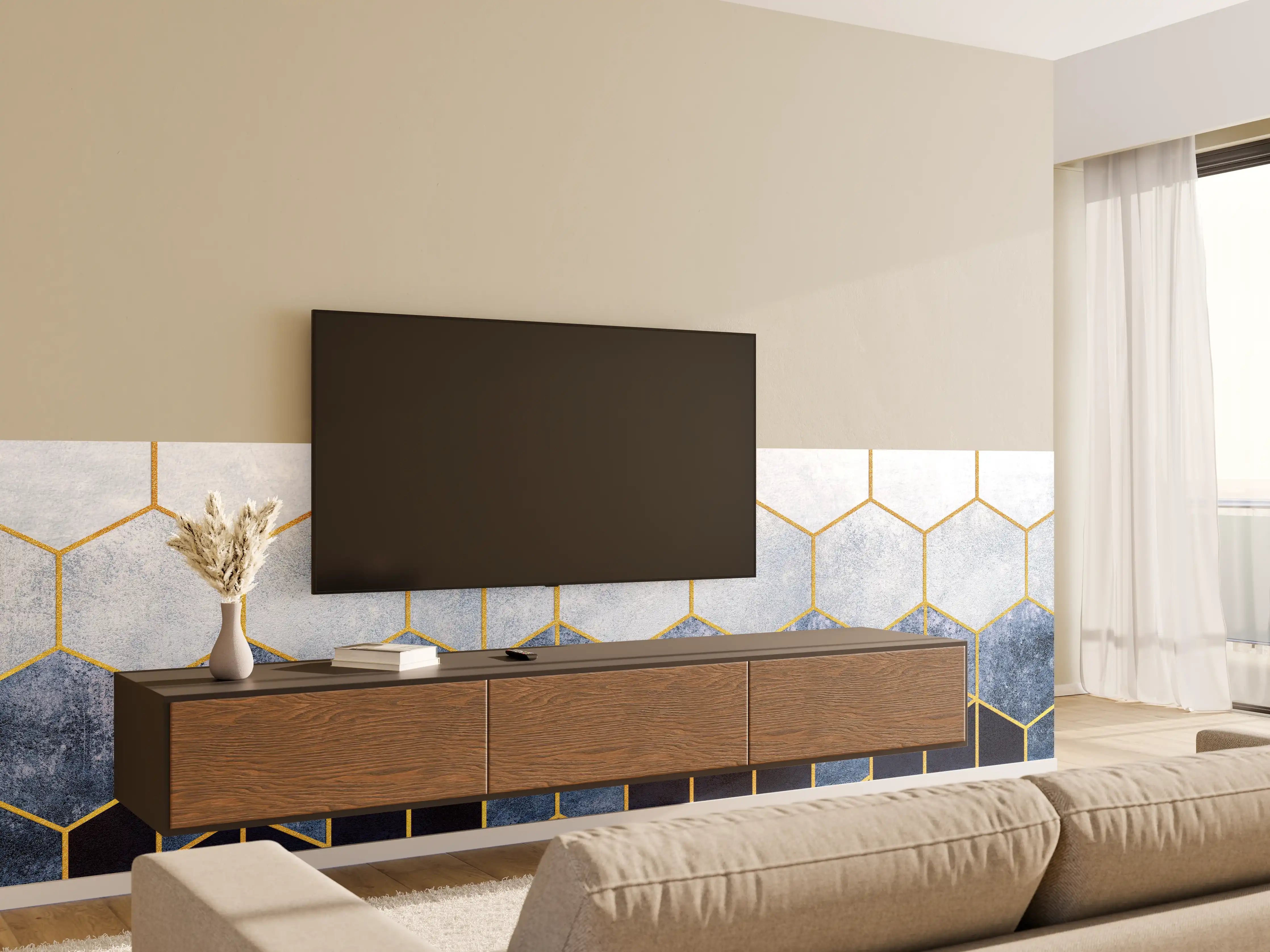 Wandverkleidung Wohnzimmer - Elegante geometrische Wandgestaltung mit Goldakzenten