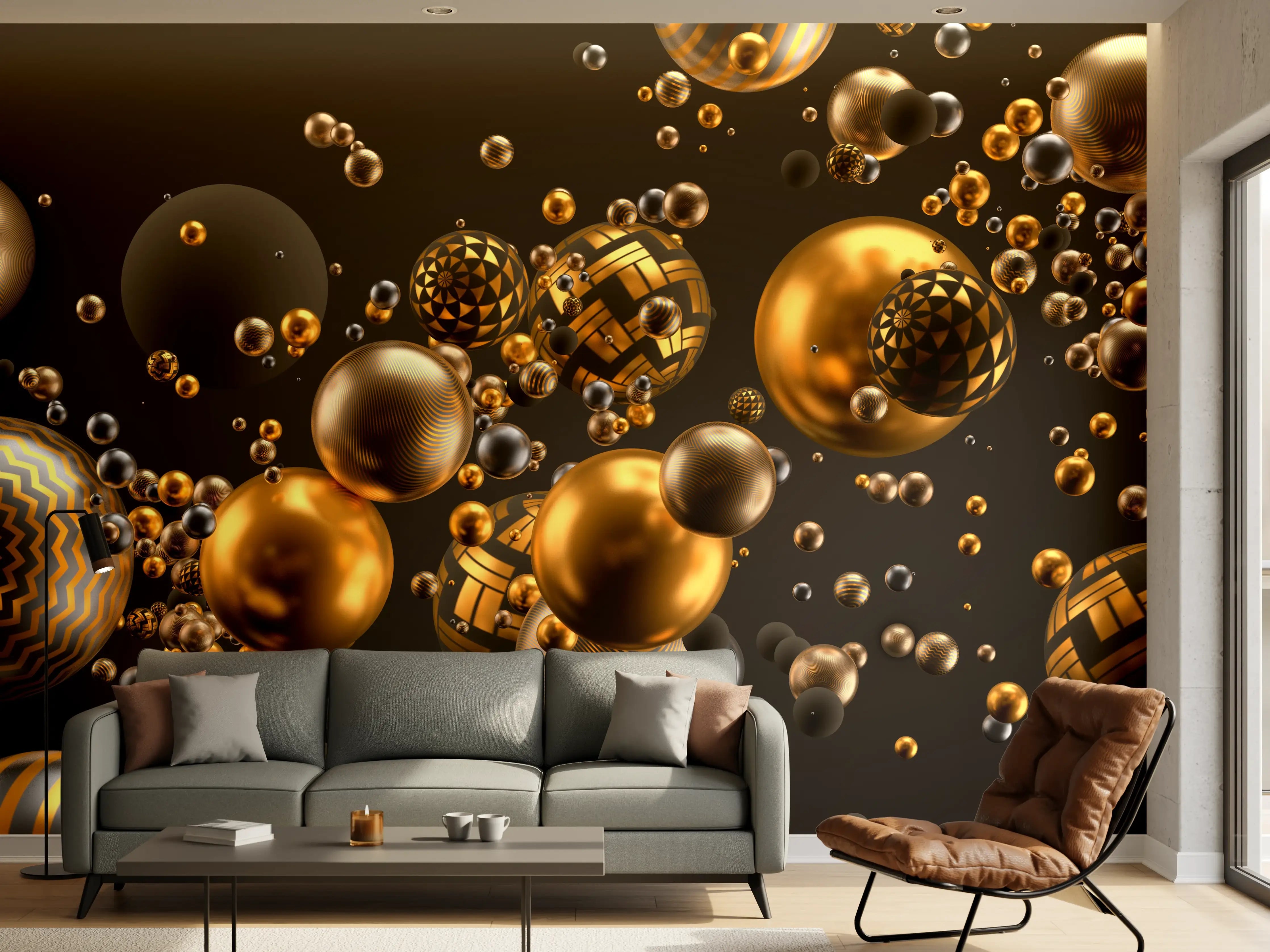Wandverkleidung Wohnzimmer - Elegante goldene und schwarze Kugeln