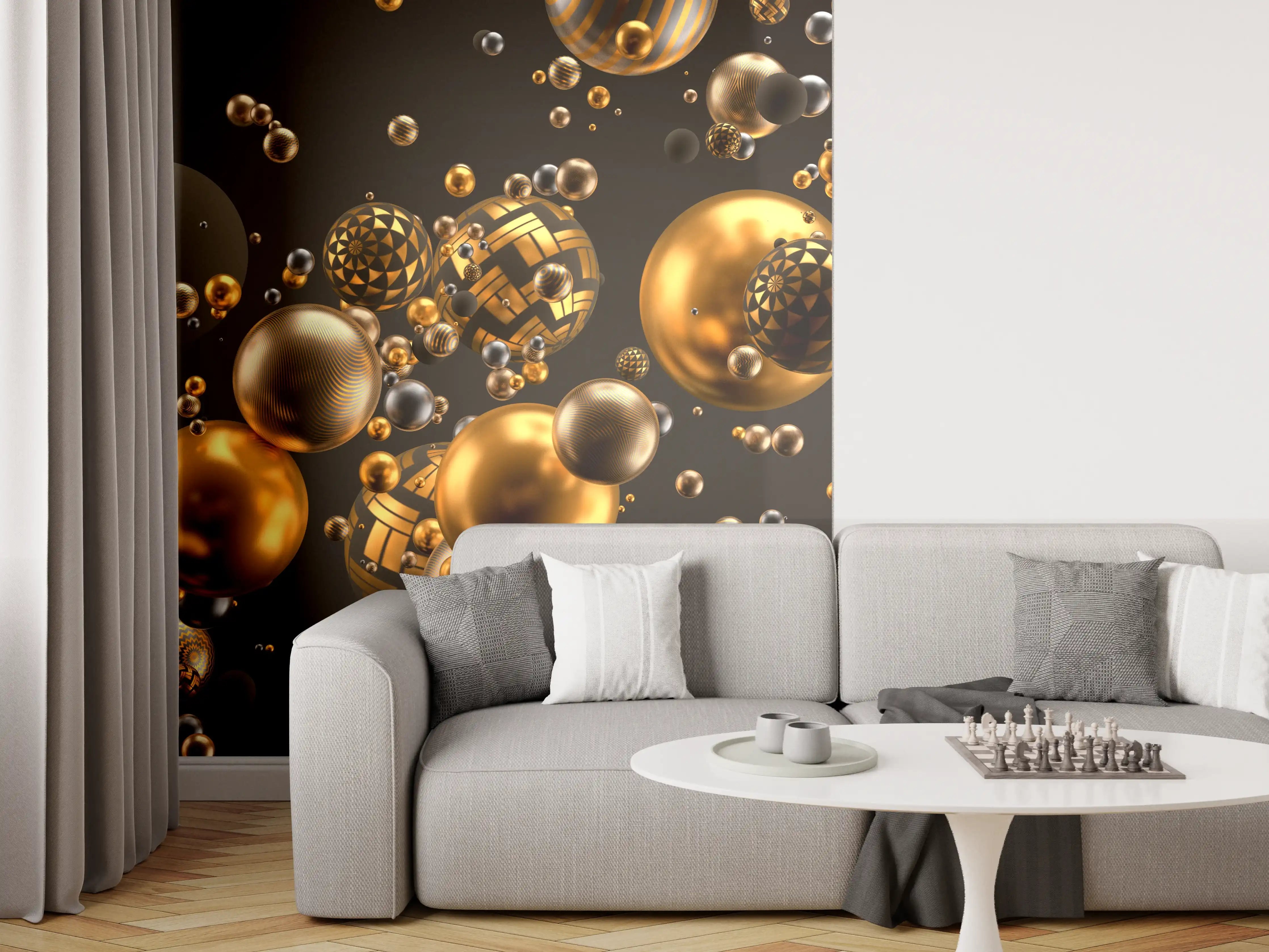 Wandverkleidung Wohnzimmer - Elegante goldene und schwarze Kugeln