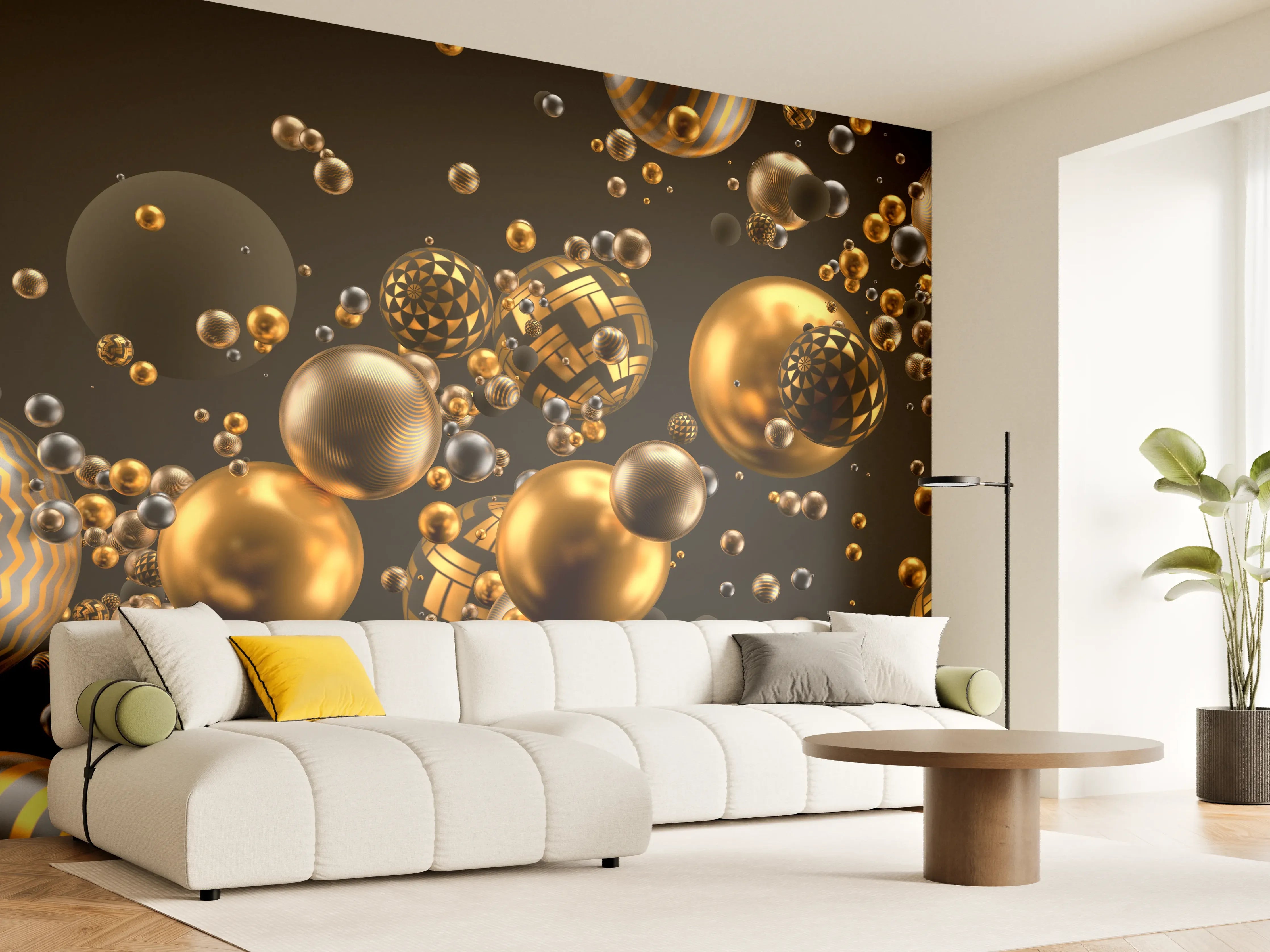 Wandverkleidung Wohnzimmer - Elegante goldene und schwarze Kugeln