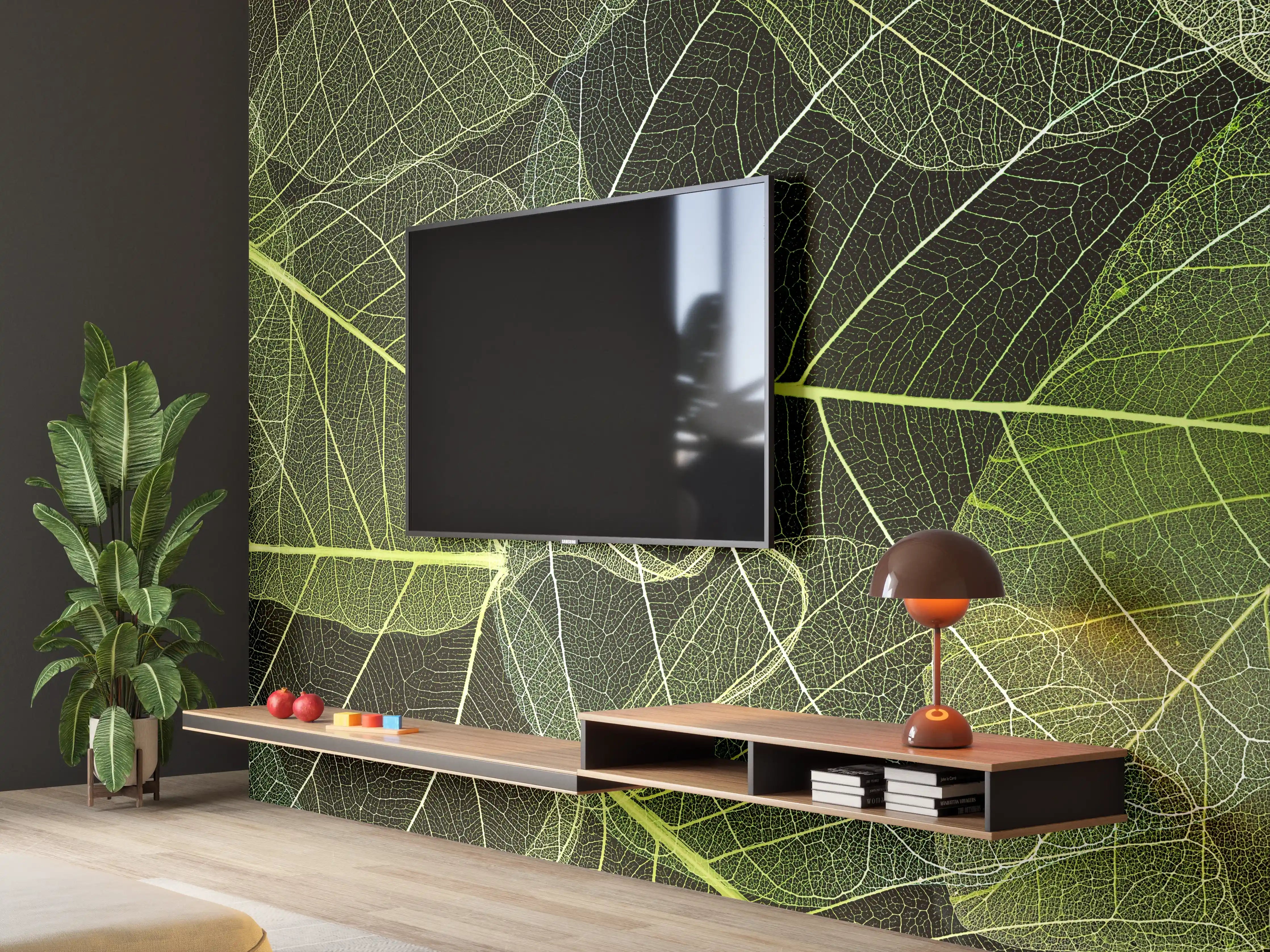 Wandverkleidung Wohnzimmer - Elegante grüne Blätter - Natur Pur