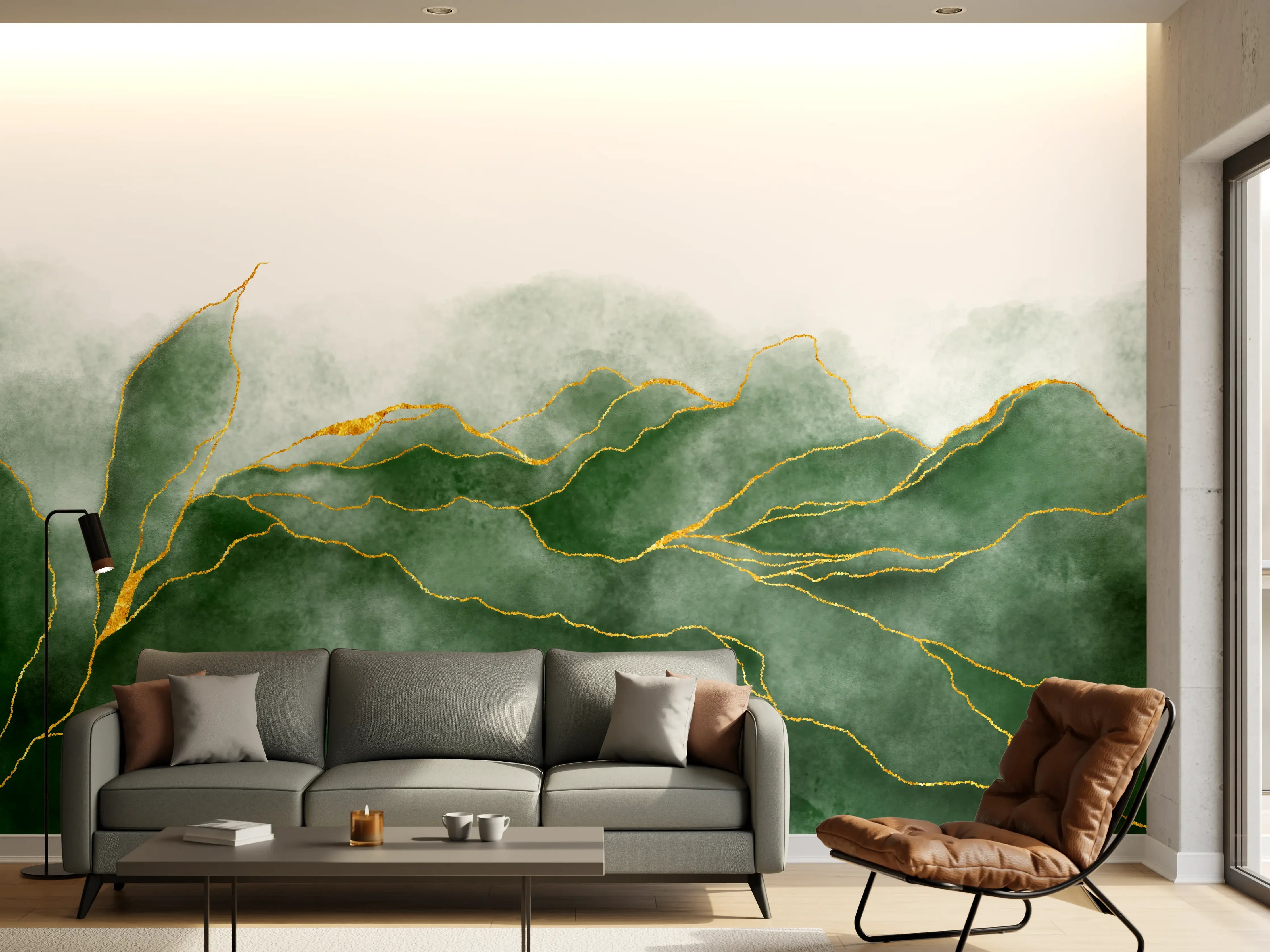 Wandverkleidung Wohnzimmer - Elegante grüne Blätter mit goldenen Akzenten