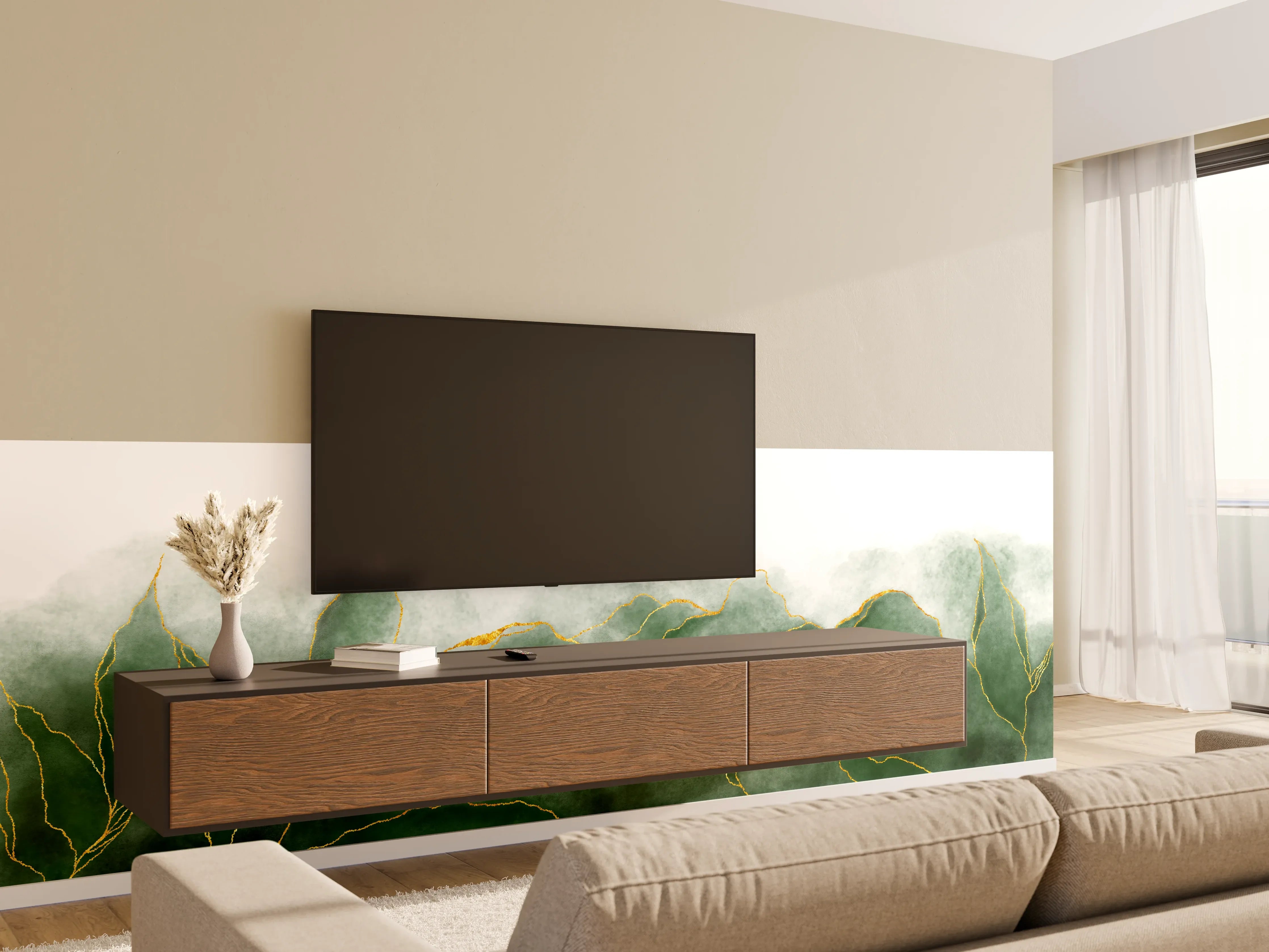 Wandverkleidung Wohnzimmer - Elegante grüne Blätter mit goldenen Akzenten