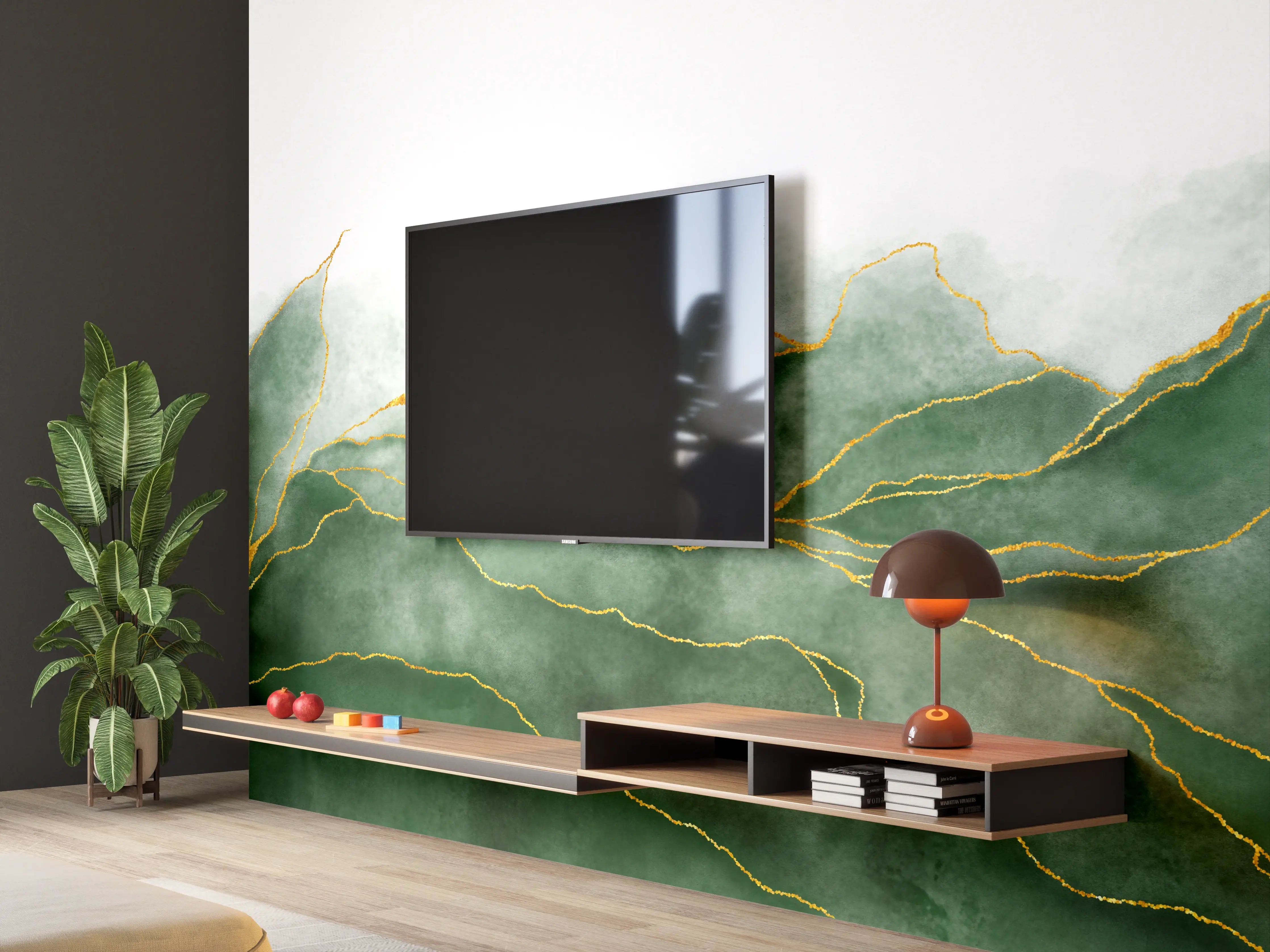 Wandverkleidung Wohnzimmer - Elegante grüne Blätter mit goldenen Akzenten
