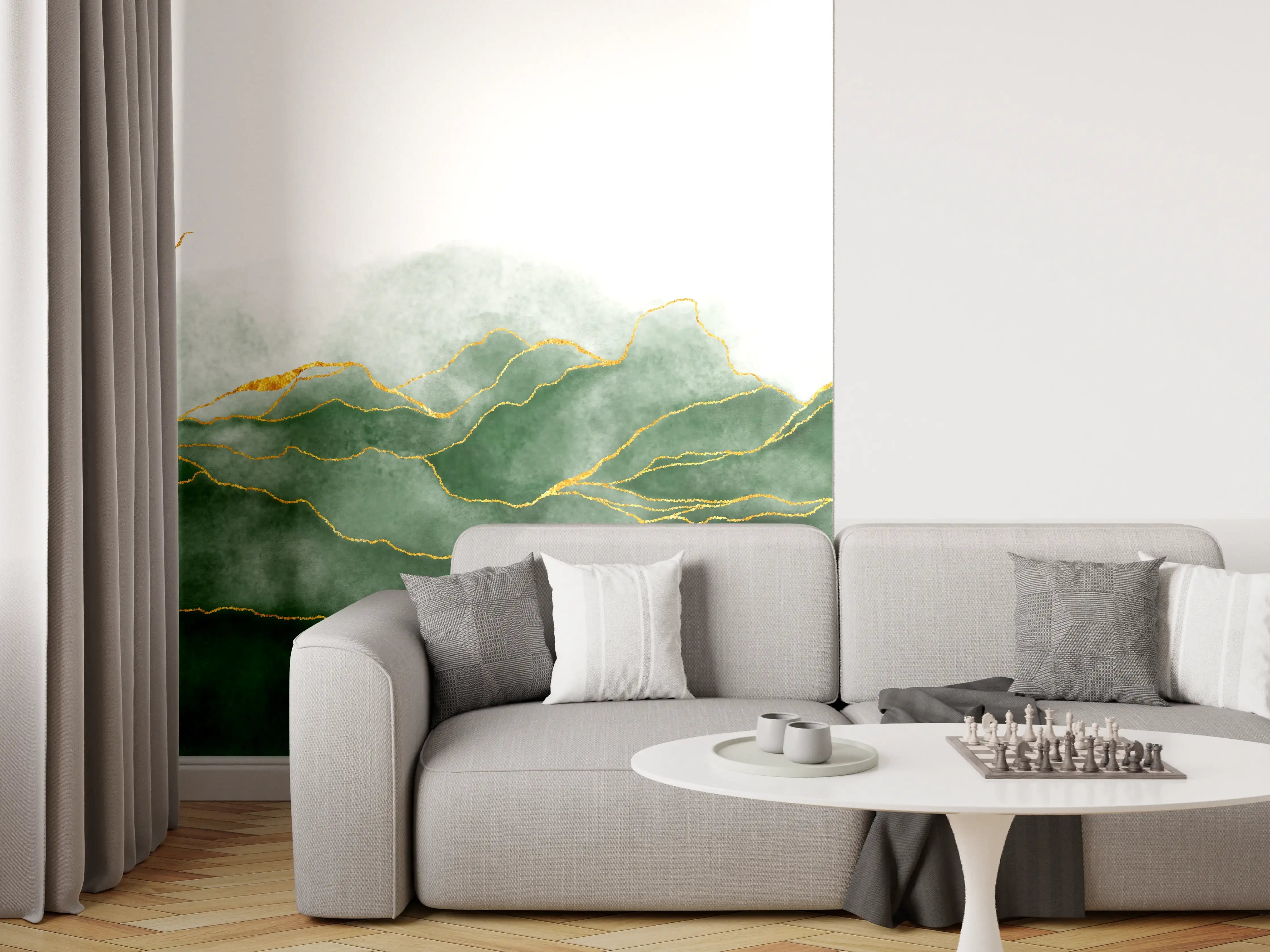 Wandverkleidung Wohnzimmer - Elegante grüne Blätter mit goldenen Akzenten
