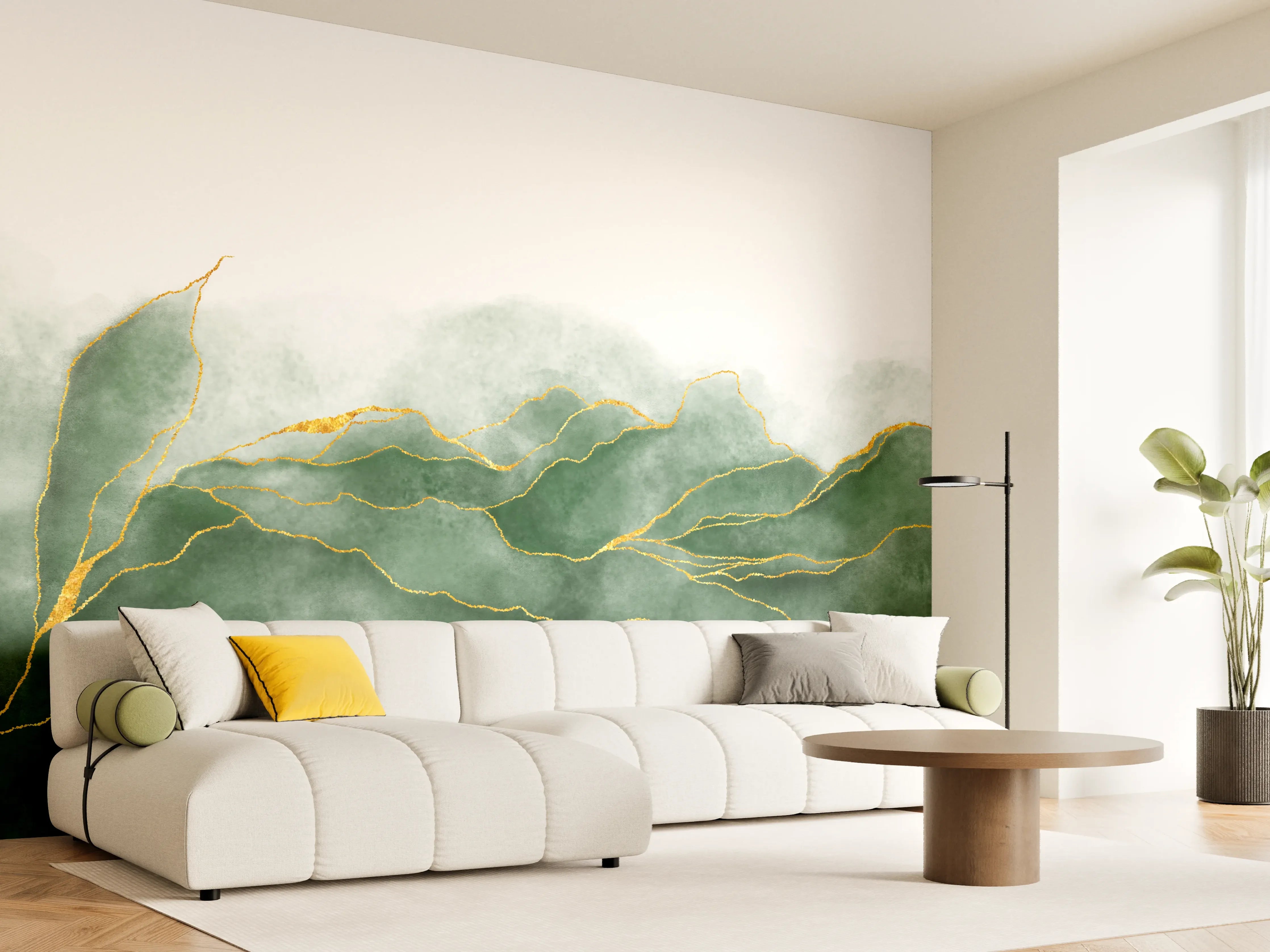 Wandverkleidung Wohnzimmer - Elegante grüne Blätter mit goldenen Akzenten