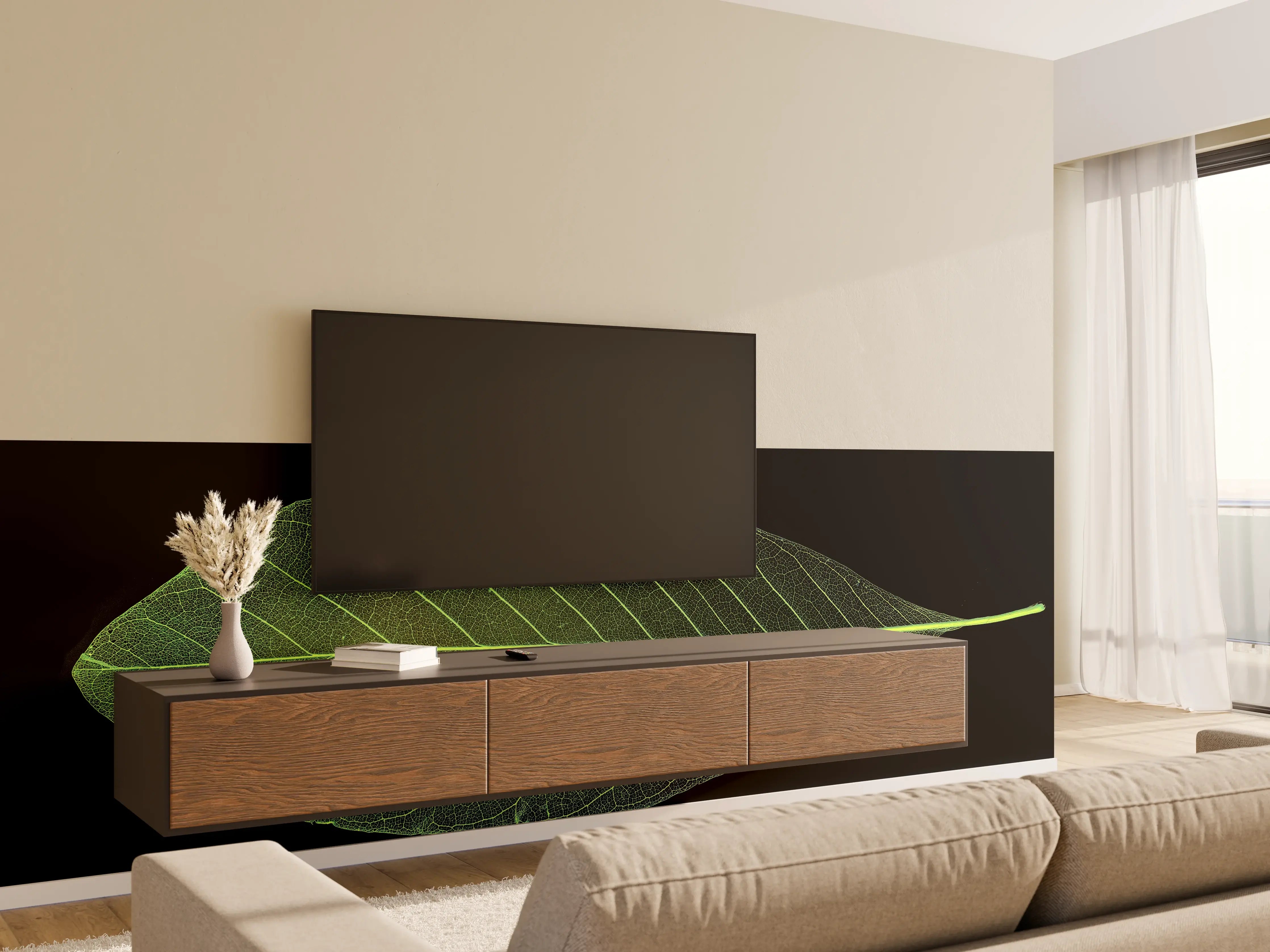 Wandverkleidung Wohnzimmer - Elegante grüne Blattform auf schwarzem Hintergrund